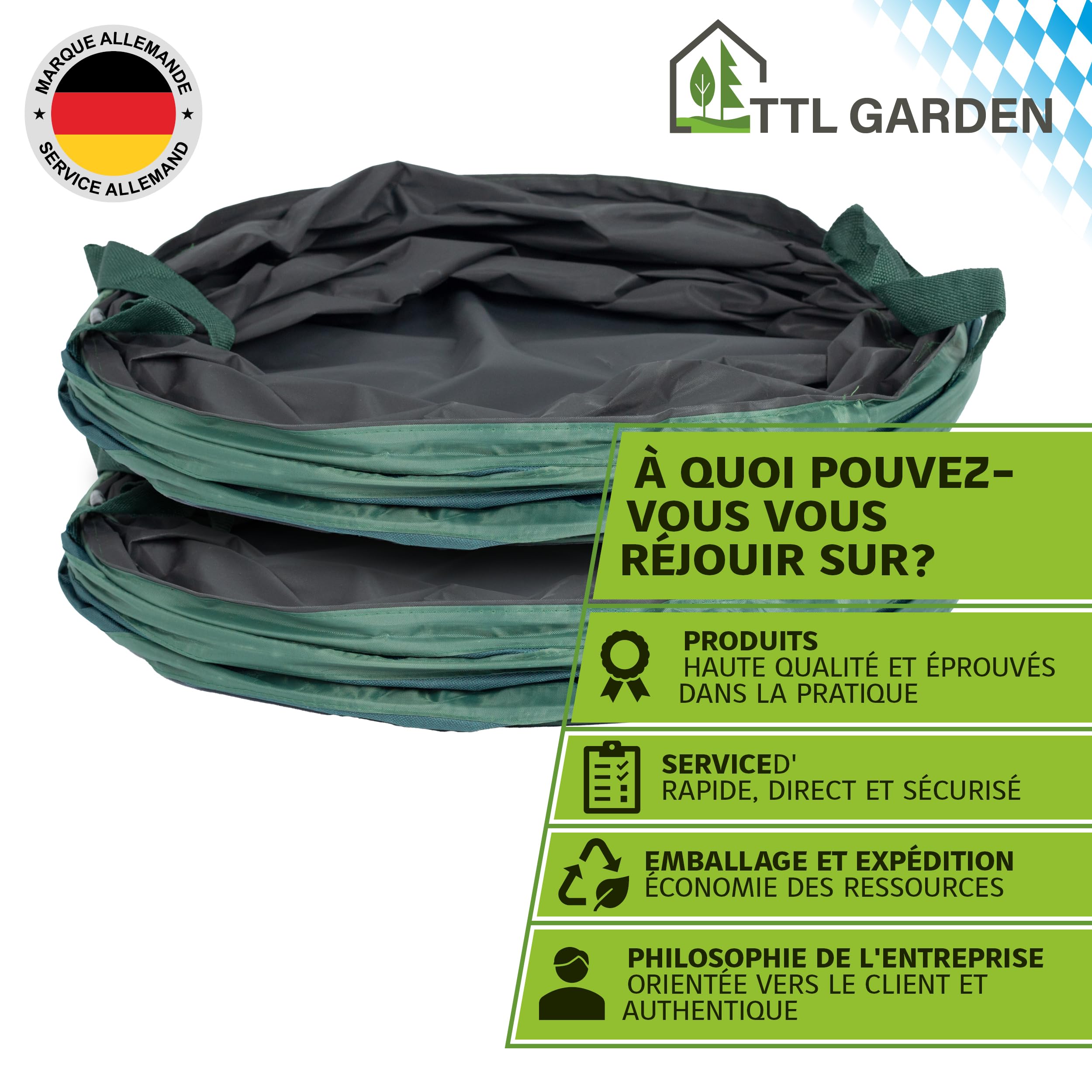 TTL Garden - Lot de 2 sacs de jardin pop-up de qualité supérieure - 270 l - 220 g/m² - 600D Oxford - 270 l - Pliables - Grand et stable - Pour déchets de jardin - À monter soi-même