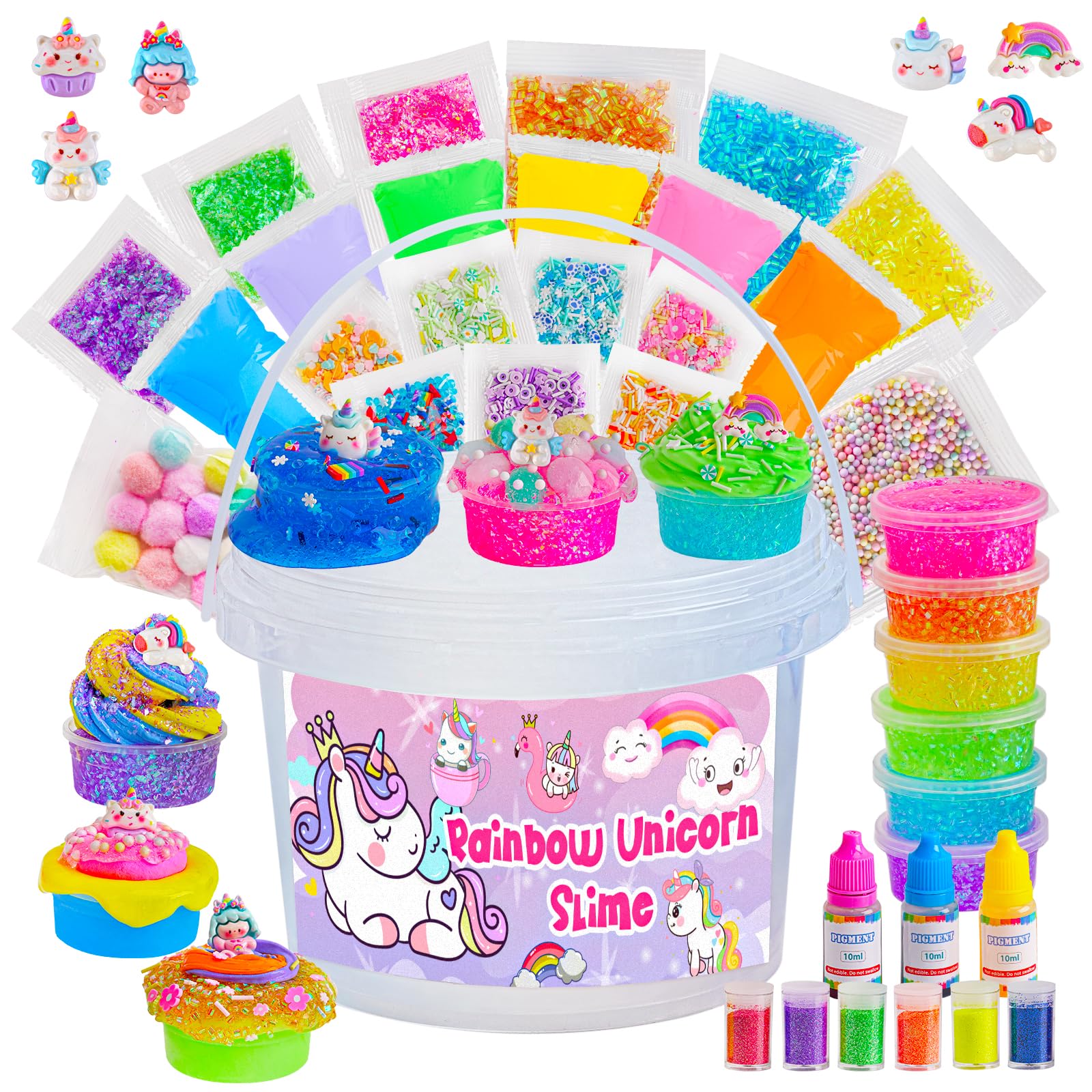 Crystal Clear Slime Kit with 36 Add-ins & 17 FL OZ Premade Base - DIY Rainbow Slime Making Kit in Bucket for Kids, Gift for Girls and Boys Ages 8-12, Party Favors for Birthday, Easter, Halloween