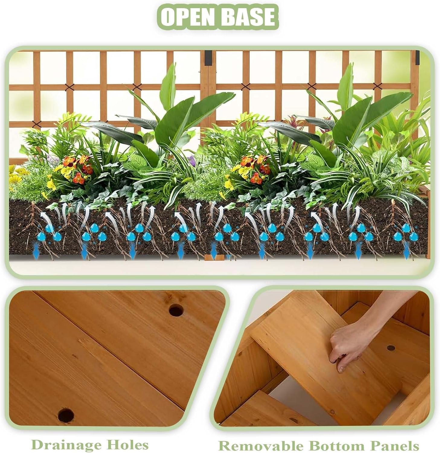 Raised Wooden Planter Box with Lattice Trellis,Elevated Garden Bed Hanging Roof & Drainage Holes,for Vine Climbing Plant, Flower, Herb & Vegetable