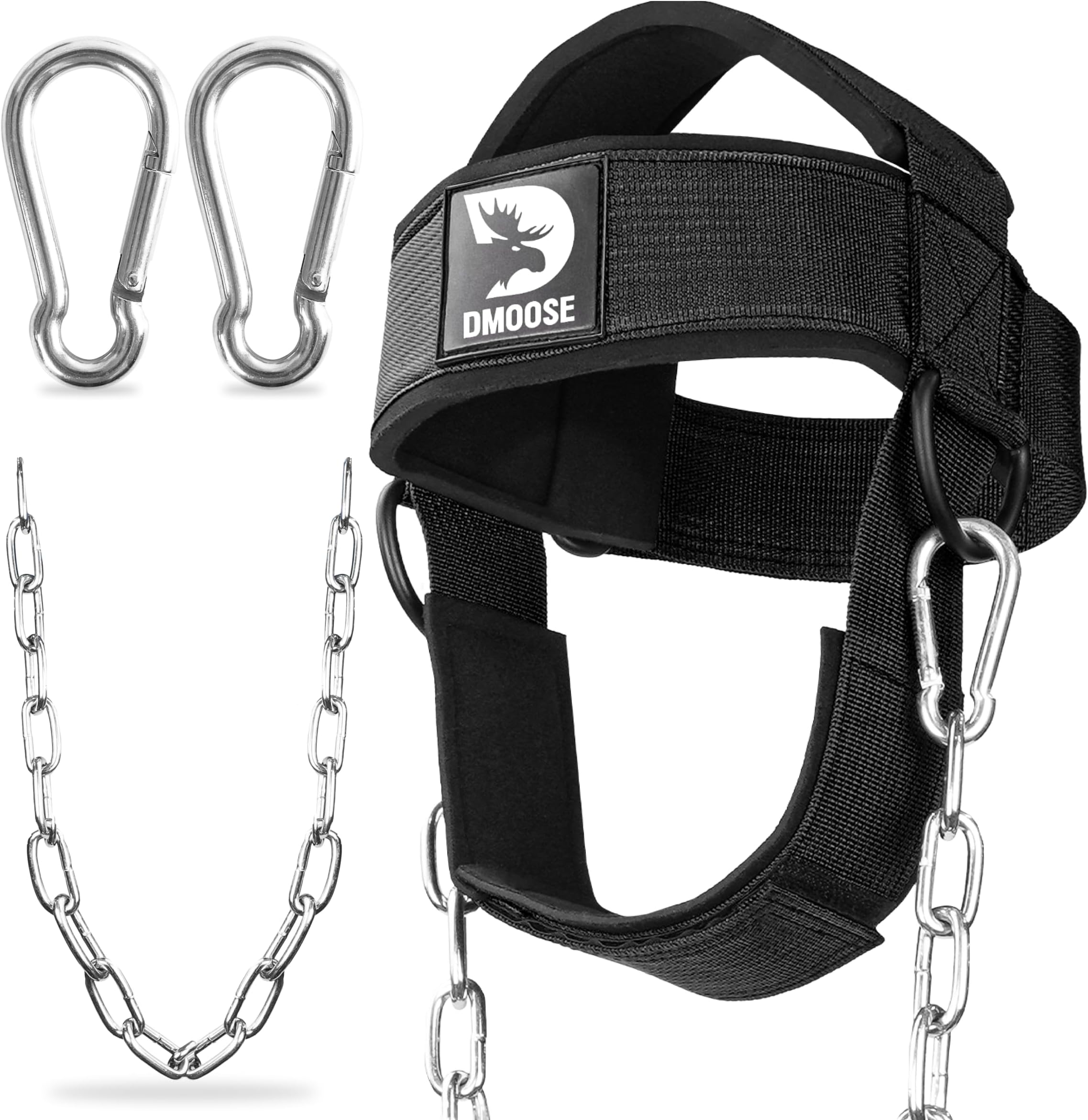DMoose Fitness Neck Head Harness for Resistance Training. Extra-Heavy D-Rings and Steel Chain, Comfort Fit Neoprene, Superior Saddle Stitching. Build A Thicker Neck with Durable Exercise Neck Strap