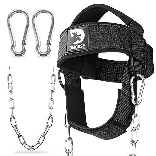DMoose Neck Harness, Increases Neck Core Strength and Supports Injury Recovery - Neck Exerciser with 30" Heavy Duty Steel Chain, Adjustable Head and Chin Neoprene Strap, Neck Trainer for Home and Gym