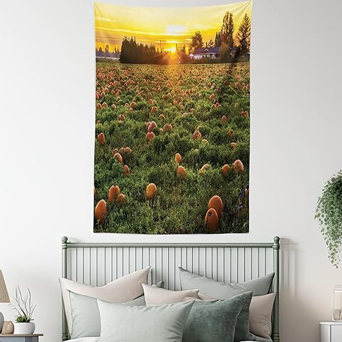 Miniatura 5 de Ambesonne Tapiz de calabaza de otoño, tamaño Queen, foto temática de agricultura de otoño, parche de frutas de temporada al atardecer, colcha