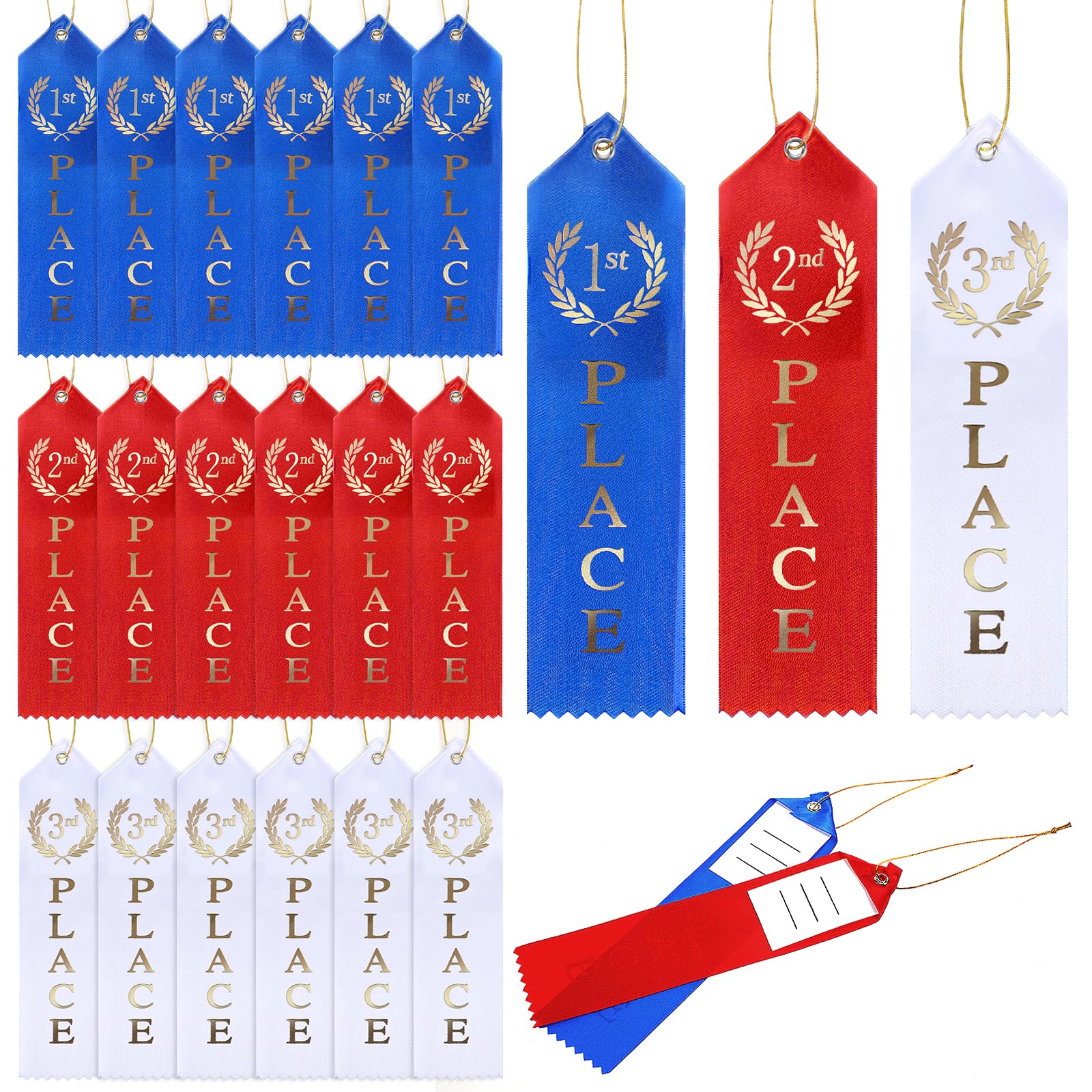 18 Pieces Award Ribbons Medal Ribbons for 1st 2nd 3rd Place Winner Award Ribbon with Event Card and Rope for Competition Sports Event School Contests (Blue Red White)
