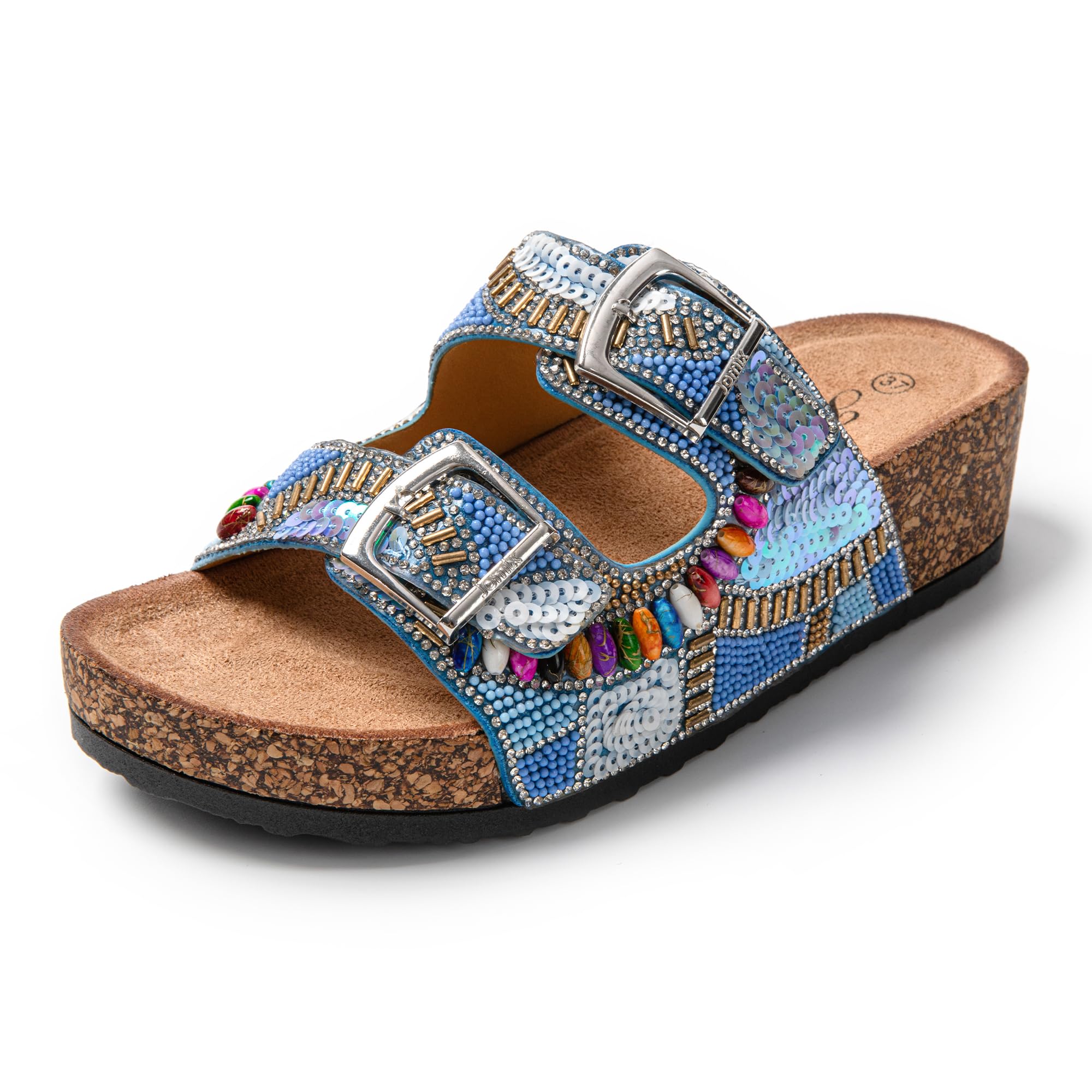 JOMIX Damen Pantoletten Glitzer Clogs Sandalen Plateau Bequeme Kork Strand Sommerschuhe