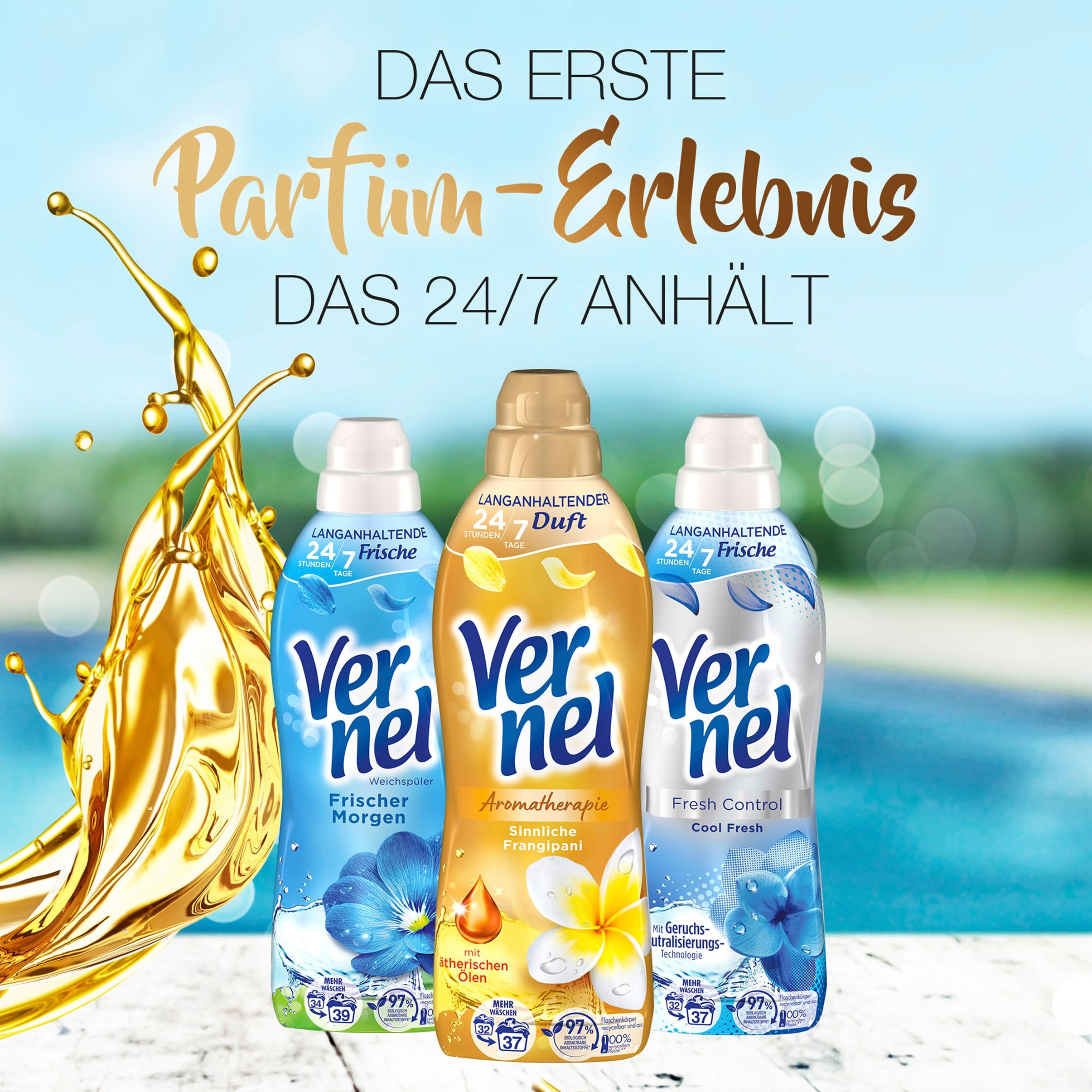 Vernel Aromatherapie Sinnliche Frangipani Weichspüler, 384 (12 x 32) Waschladungen, langanhaltender Wäscheduft mit ätherischen Ölen für 24/7 Frische, recycelbare Flasche