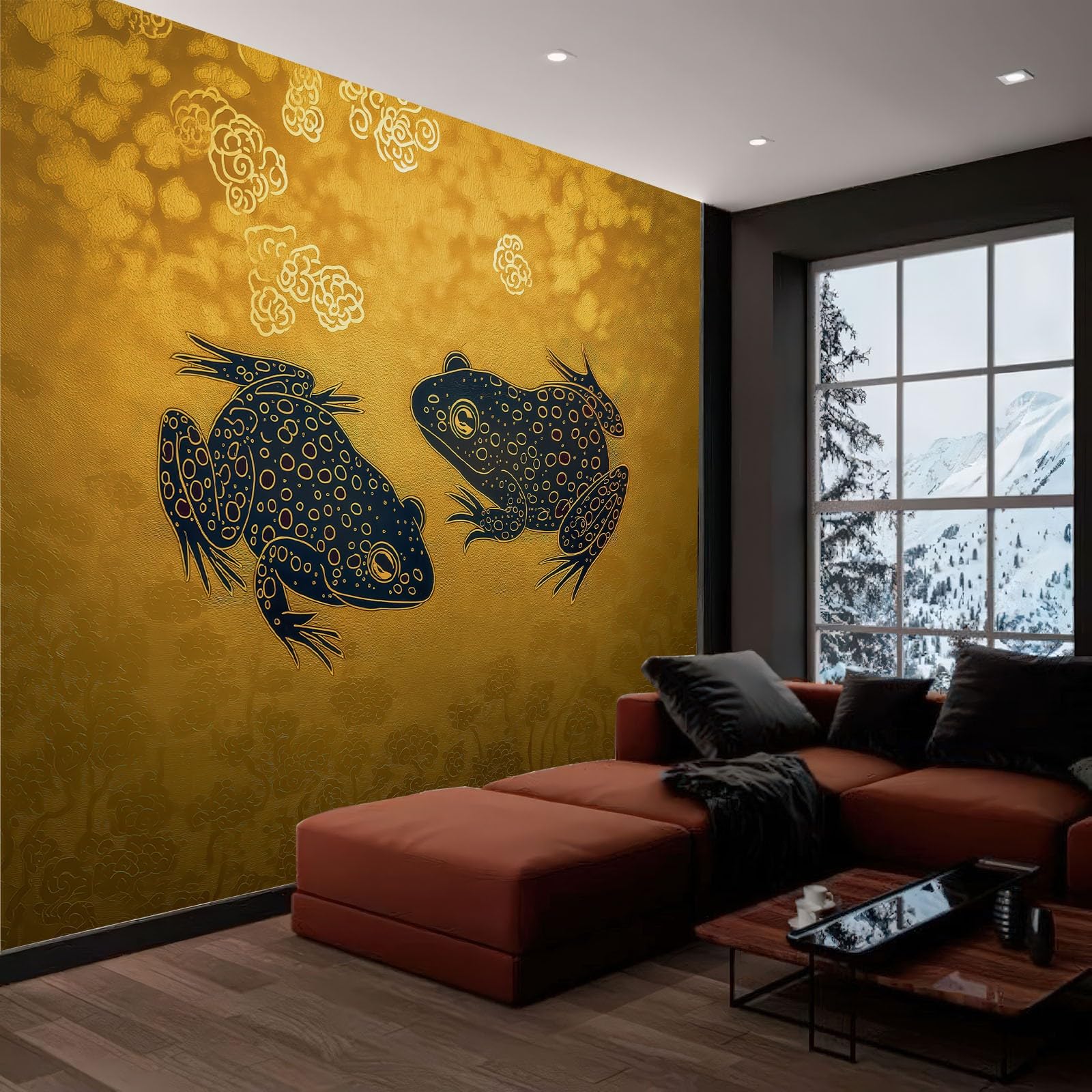 Japoński obraz, walczące żaby, mural, żółta, wysokiej jakości flizelina, fototapeta do pokoju dziecięcego i pokoju gier, tło - 250 x 175 cm