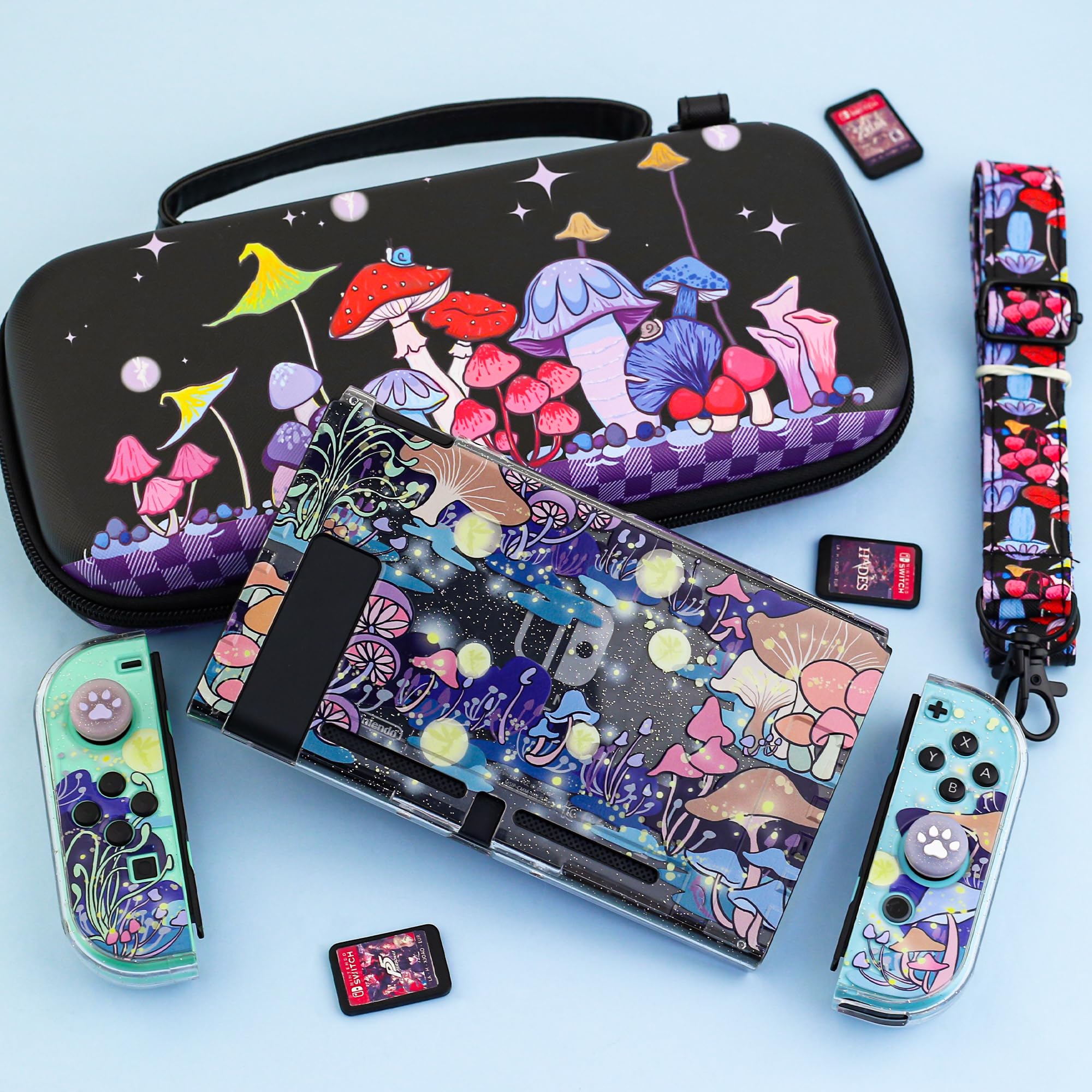 GLDRAM Custodia da trasporto a forma di fungo magico per Nintendo Switch, borsa da viaggio resistente con cover protettiva glitterata, protezione schermo HD Utral, tracolla e tappi per pollice, per