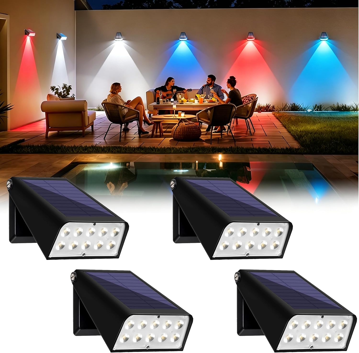 Solar Lights Outdoor Waterproof, 6-Mode RGBW Color Changing, 90° Adjustable, Auto On/Off, Father's Day Mother's Day 4th of July Decor for Fence, Patio, Garden, Yard, Pathway, Porch (4-Pack)
