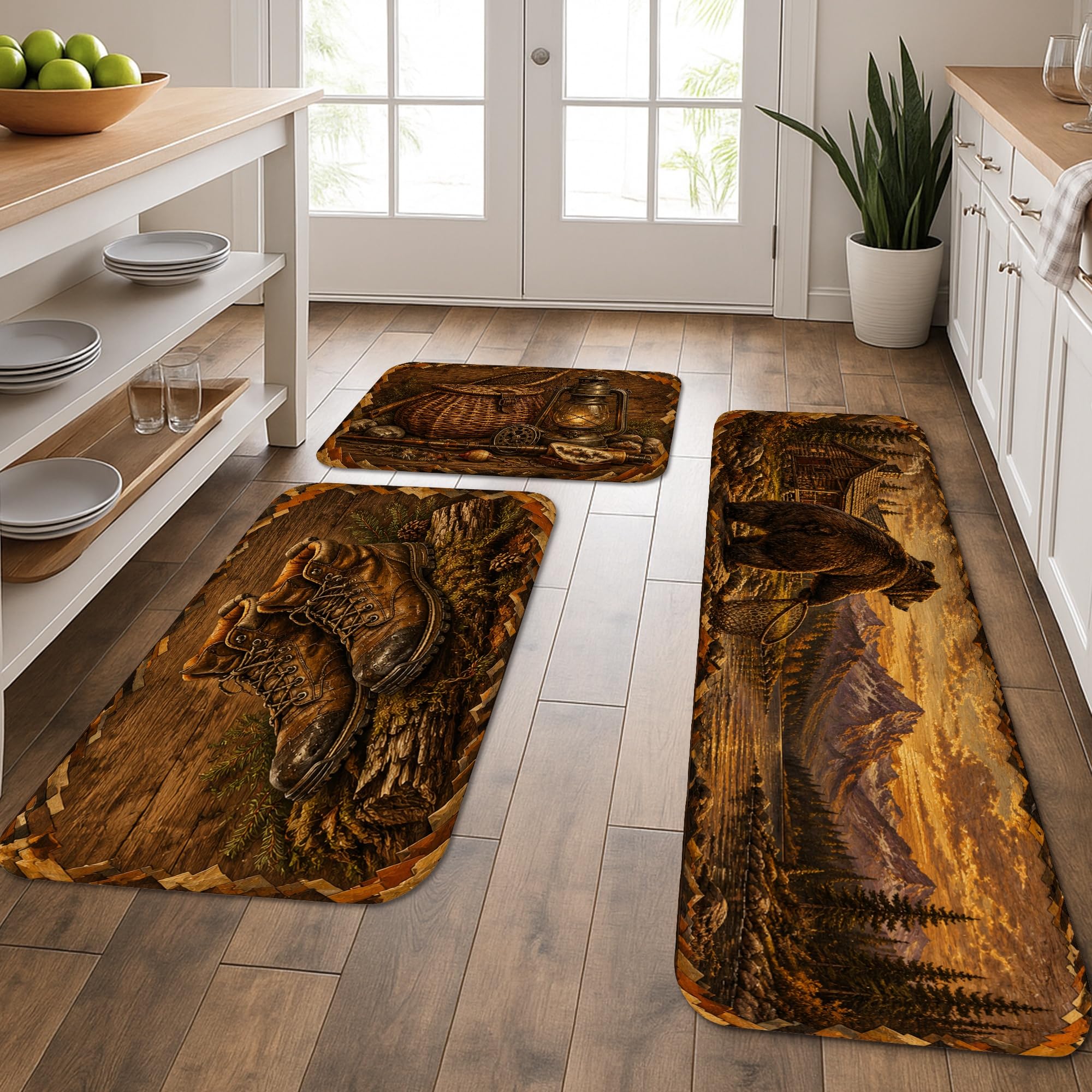 Tapis de cuisine rustique anti-fatigue lavable et doux motif ours lot de 3