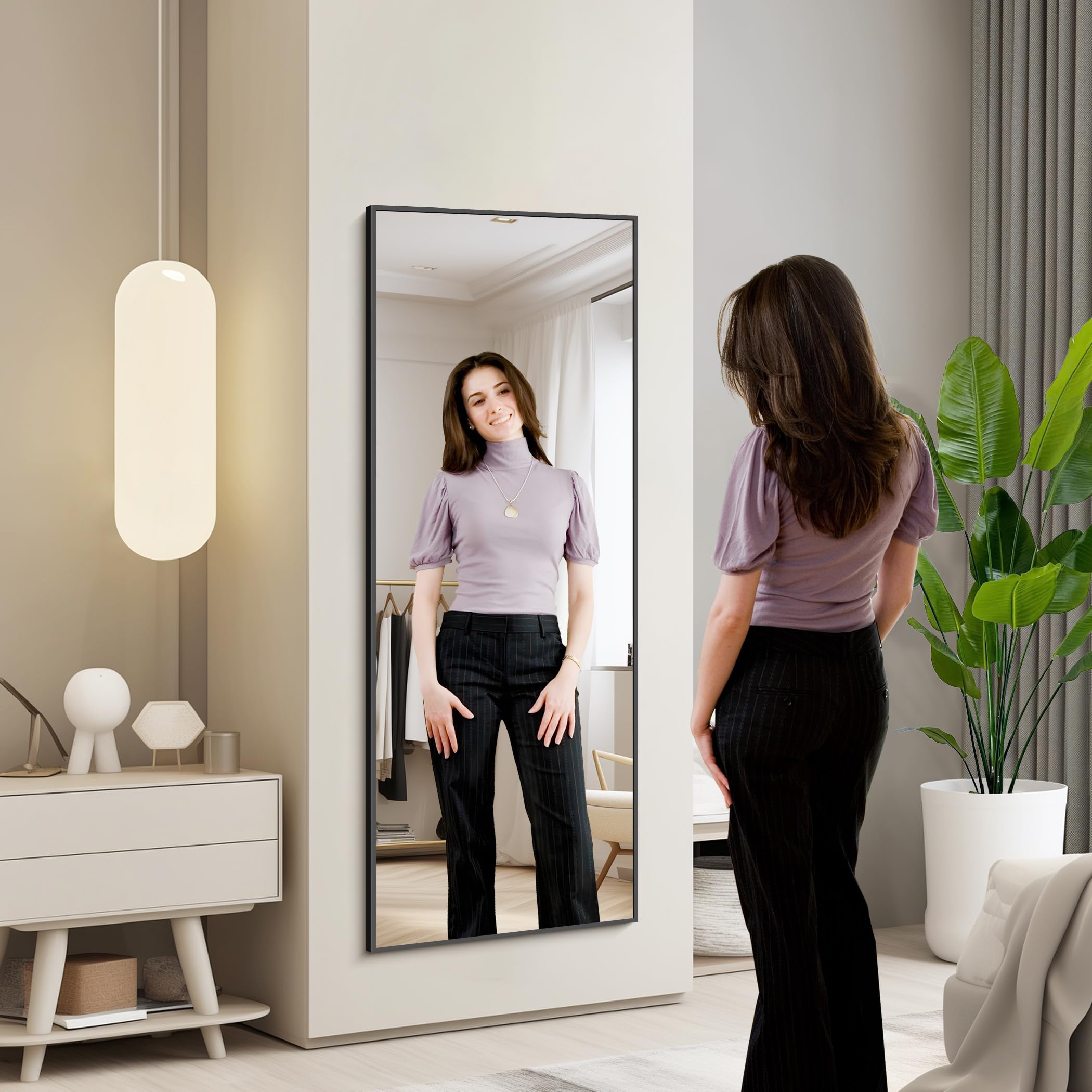 KOCUUY Espejo de Cuerpo Entero 52 x 161 cm, Rectangular Espejo de Pared Grande para Colgar, de Pie, Apoyado Espejo de Pie Grande con Marco Negro para SalóN, Dormitorio, Pasillo