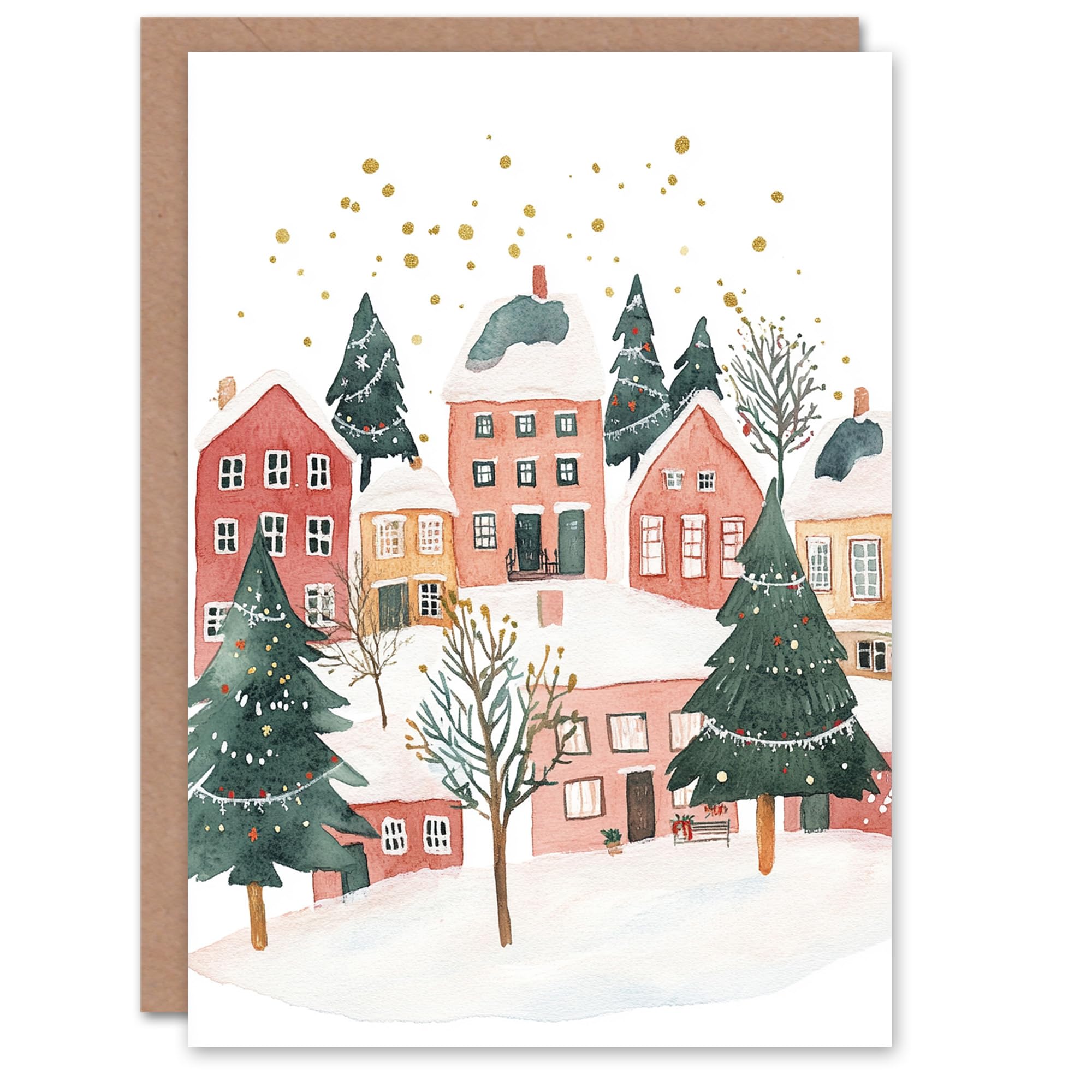 Wee Blue Coo Townscape Decorated Trees Festive Fun Xmas Art Blank Christmas Card