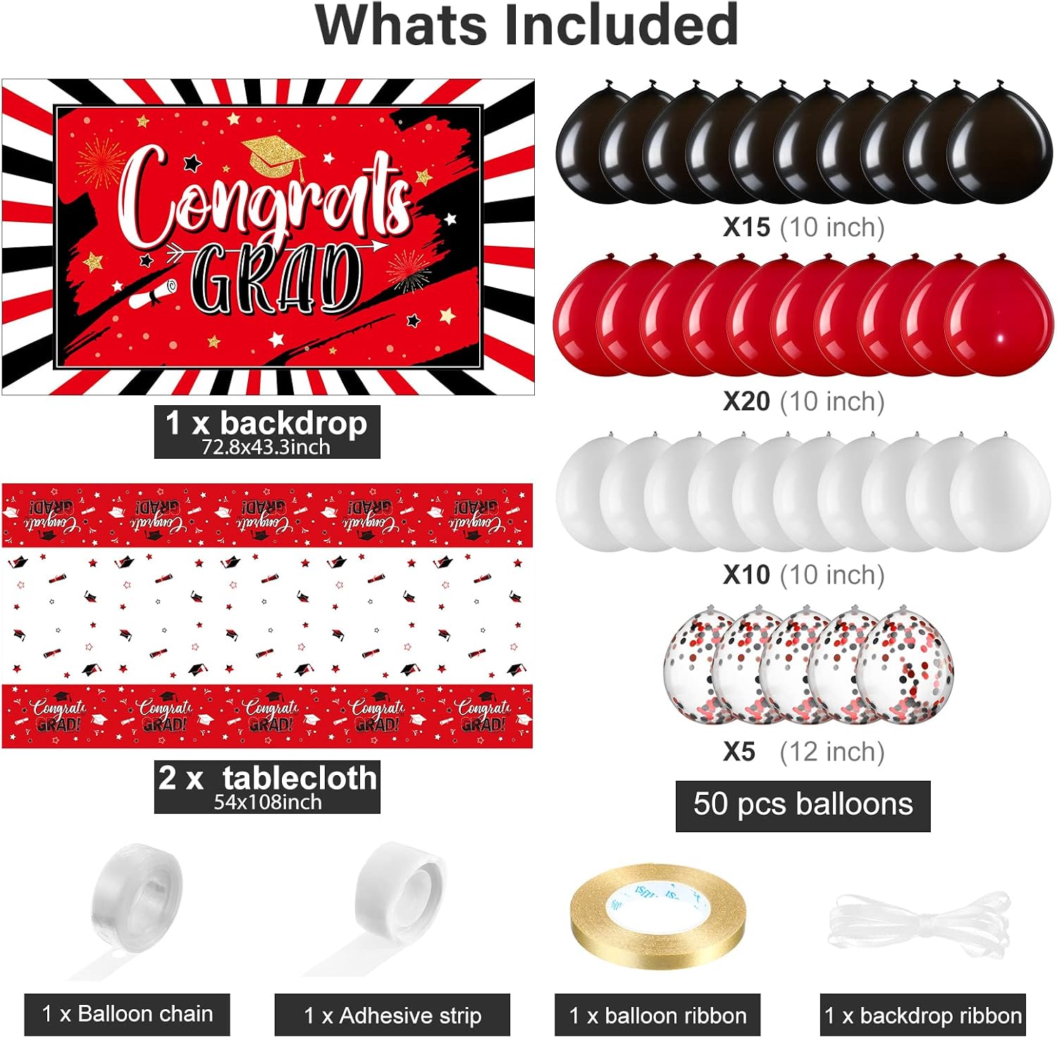 Breling 53 Pcs Graduation Decorations 2026 Congrats Grad Backdrop Banner Tablecloth Congrats Latex Balloons for University High School Graduation Party Supplies(Red and Black)