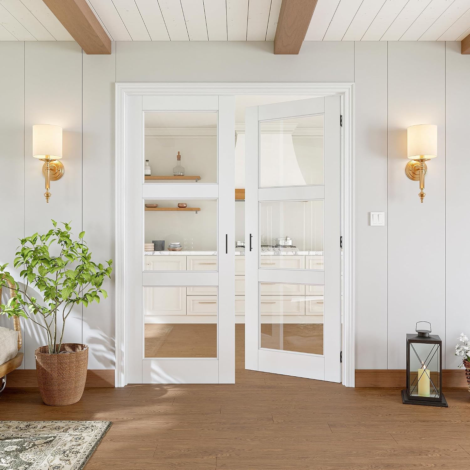 56x80 inch Interior 3-Lite Clear Glass French Door White Primer Frosted Solid Core with French Door Accessories(Black Hardware)