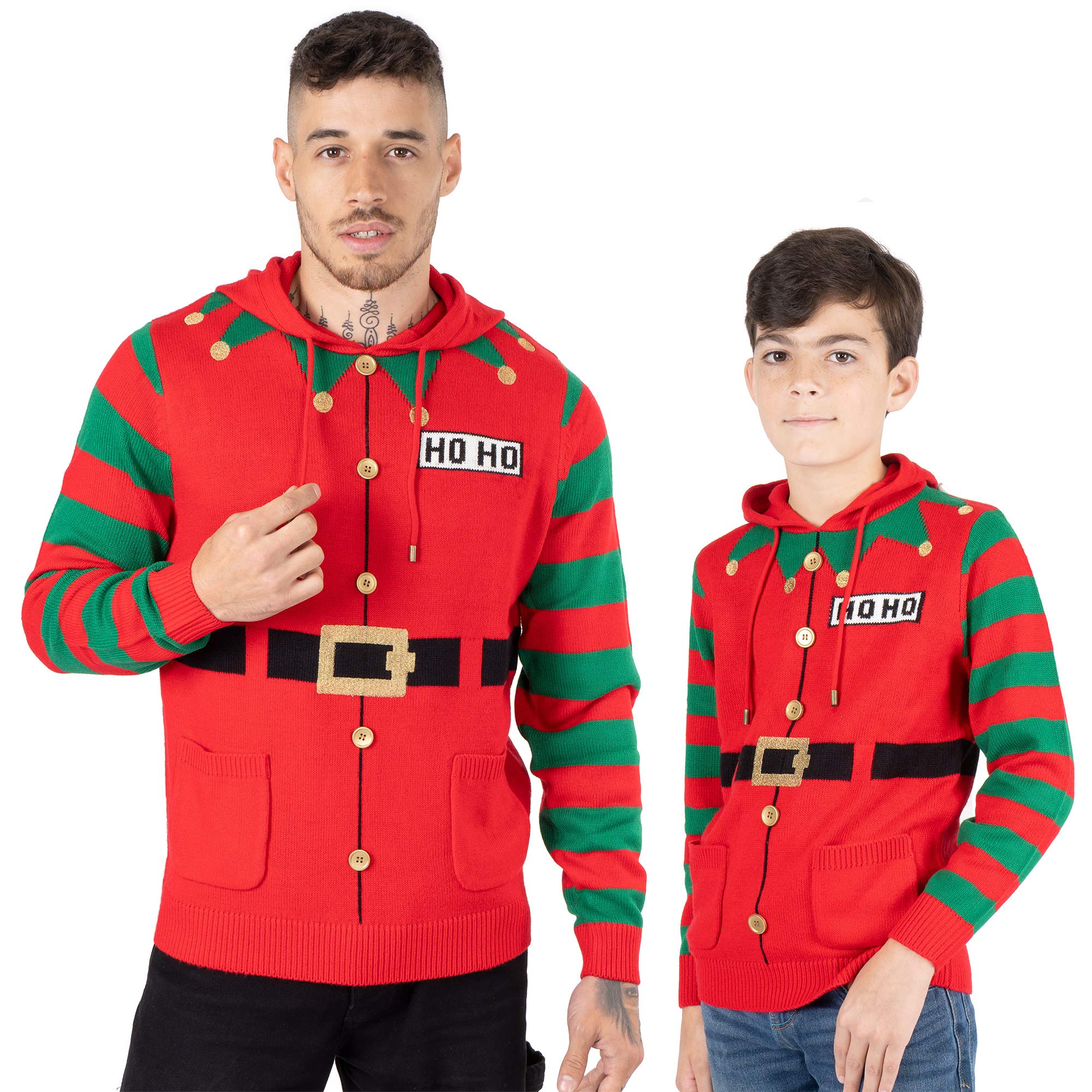 NOROZEMen's Boys Christmas Jumper Hoodie Unisex Elf Hoho Candy Cane 3D Knitted Jumper Kids Family Christmas Matching Jumper