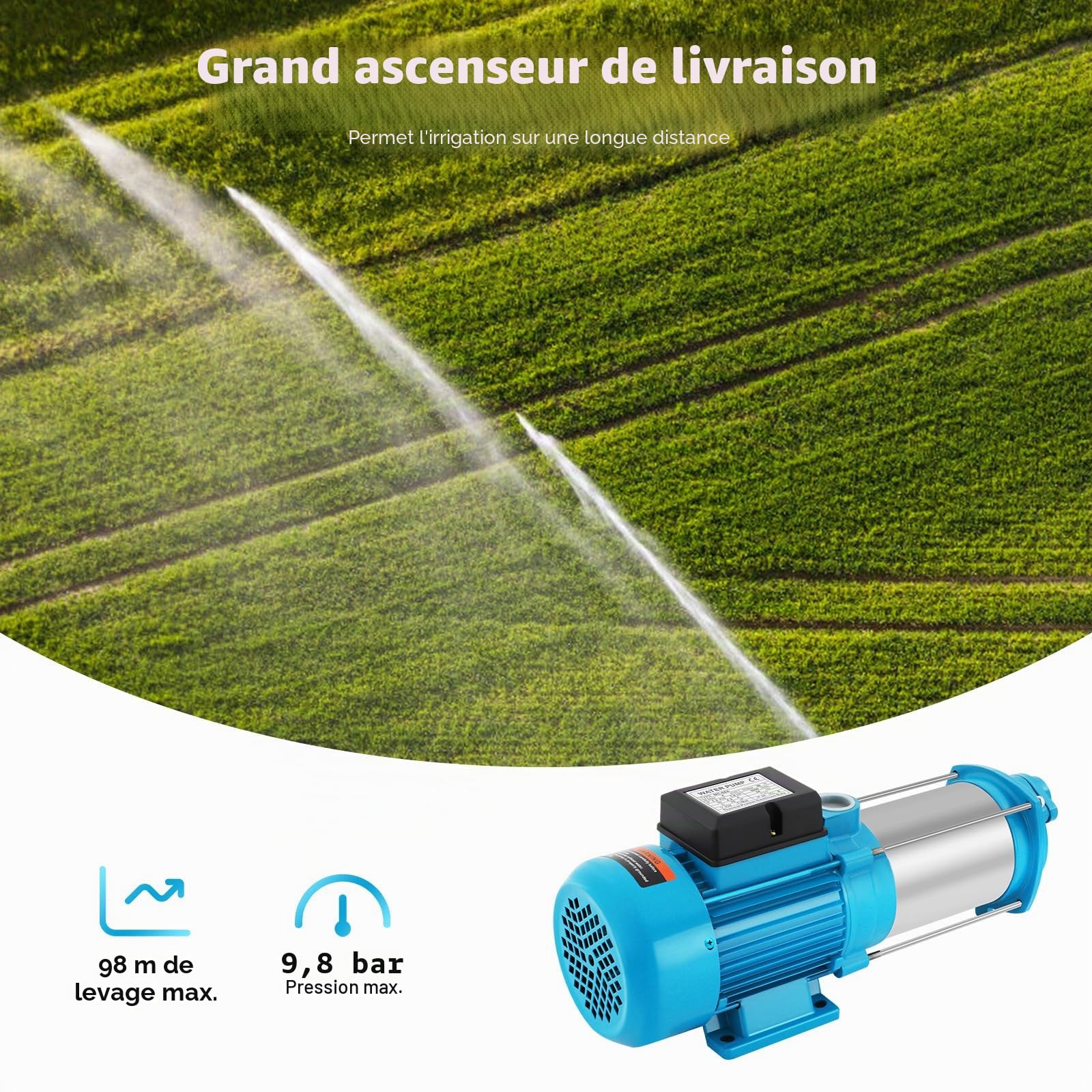 Pompe centrifuge 1300-2500 W, pressostat, commande 9,8-11 bar, installation d'eau pour renforcement de tuyauterie, alimentation en eau