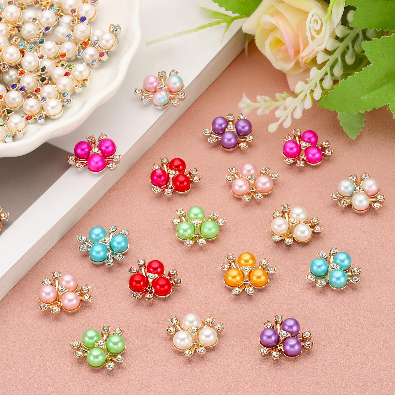 PATIKIL 40PCS Pearl Flower Buttons, Rhinestone Pearl Buttons Embellishments, White - Image 4
