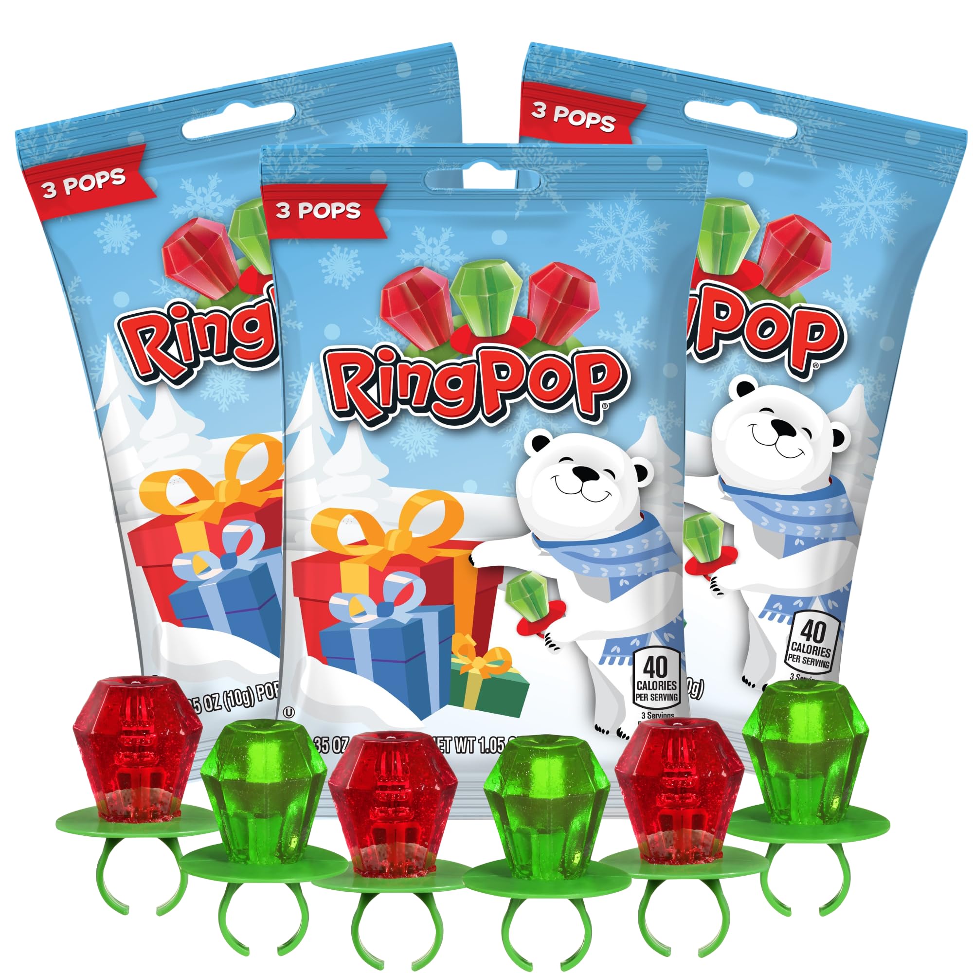 Individually Wrapped Christmas Ring Pops, Holiday Stocking Stuffer Candies, Pack of 3 (9 Total)