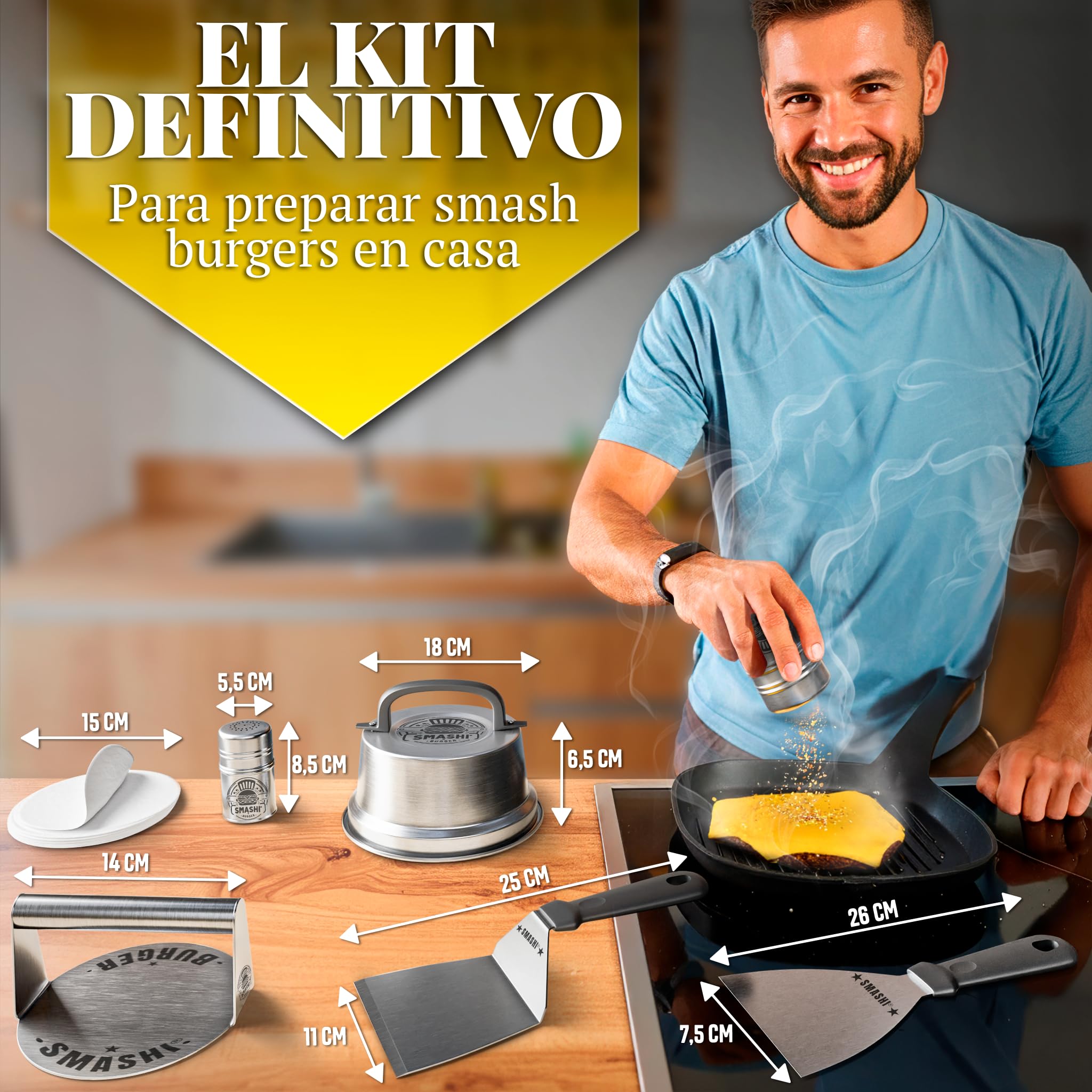 SMASHI® Zestaw Smash Burger Stal Nierdzewna 304 – Młotek, Szpatułka Smash, Pokrywa Smash, Prasa do Hamburgerów i Papiery Antysklepowe | Zestaw Profesjonalny do Kuchni, BBQ i Restauracji (ZAAWANSOWANY)