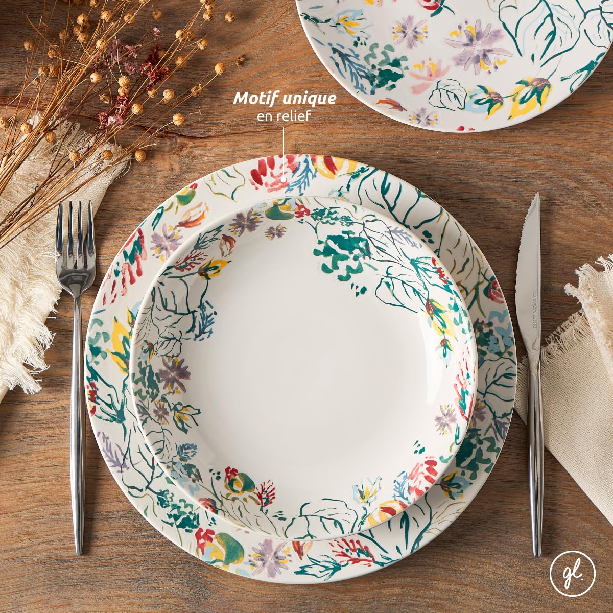 GENEVIEVE LETHU 533657 - Piatto da dessert 20,5 cm in gres, collezione A Travers Champs, decorazione floreale, multicolore