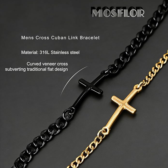 Pulsera cruz para hombre negro ajustable 8+2 pulg miniatura 3