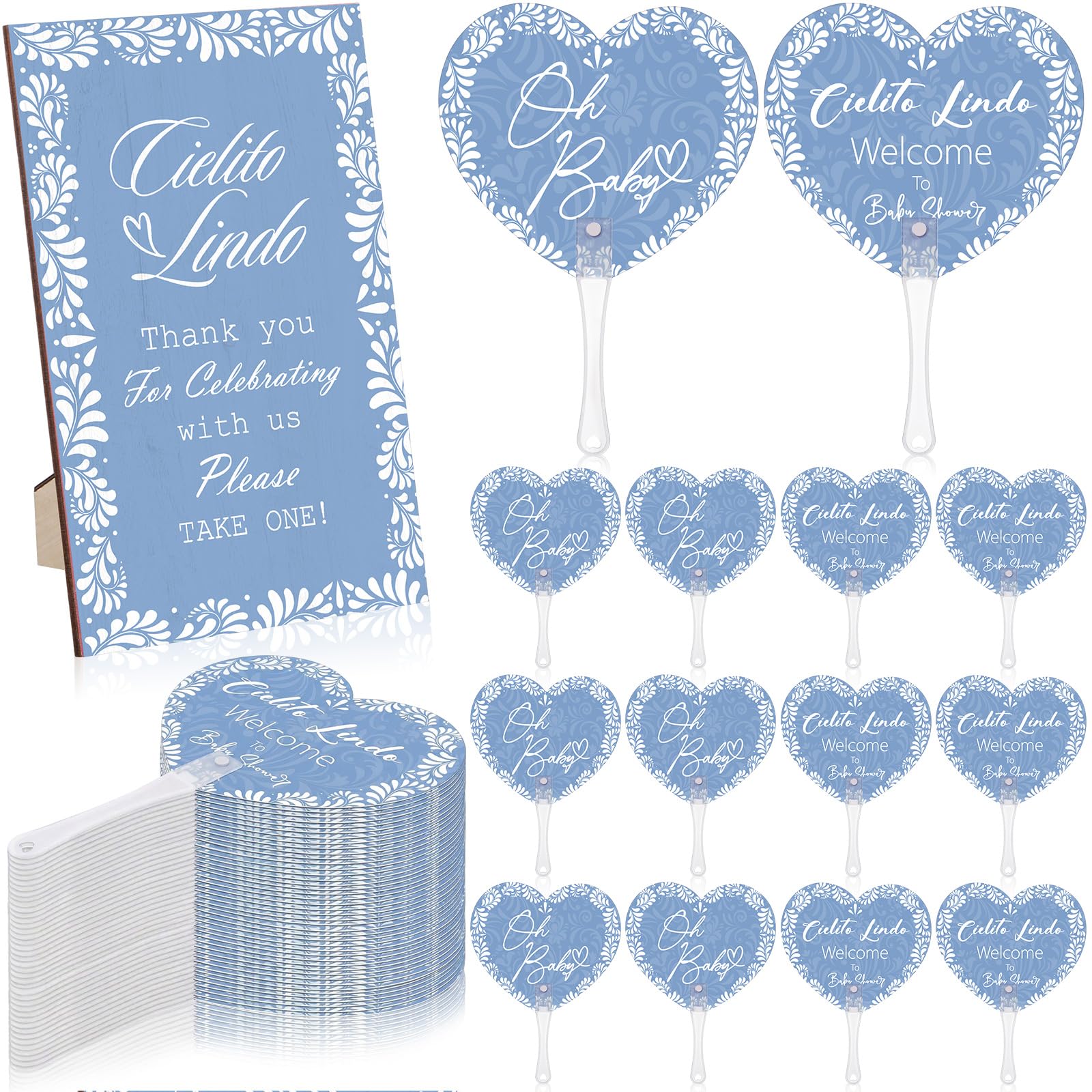 Photo 1 of Threehoney 51 Pcs Cielito Lindo Baby Shower Fan Favors for Guests 50 Heart Shape Plastic Oh Baby Handheld Fans 1 Wooden Mexican Talavera Table Welcome Sign Party Decorations Gifts Supplies(Blue)