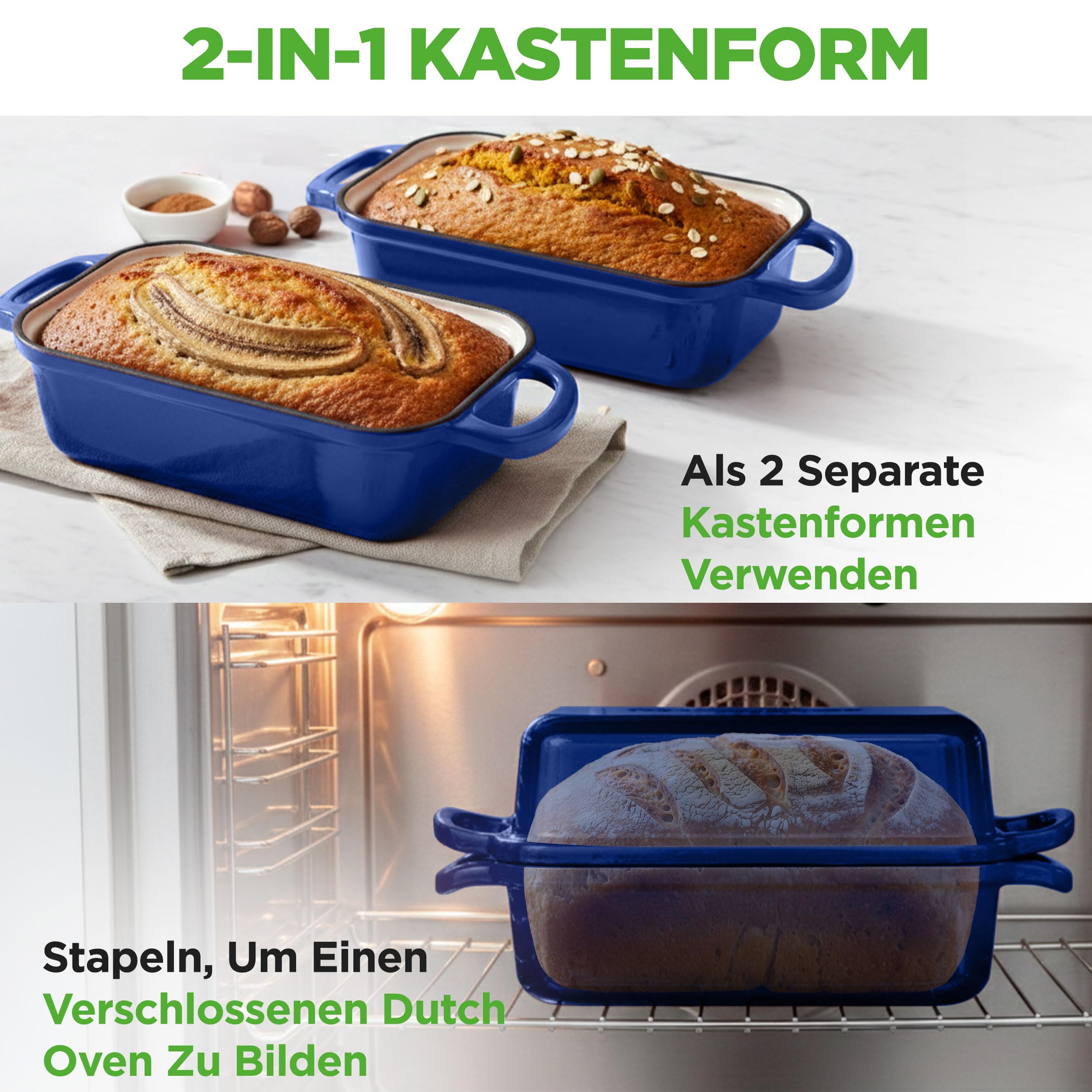 NutriChef Gusseisen Topf - Brotbackform mit Deckel - 22,9 cm Kastenform für Sauerteigbrot, emailliert, inkl. Silikonhandschuhen, spülmaschinenfest, Blau