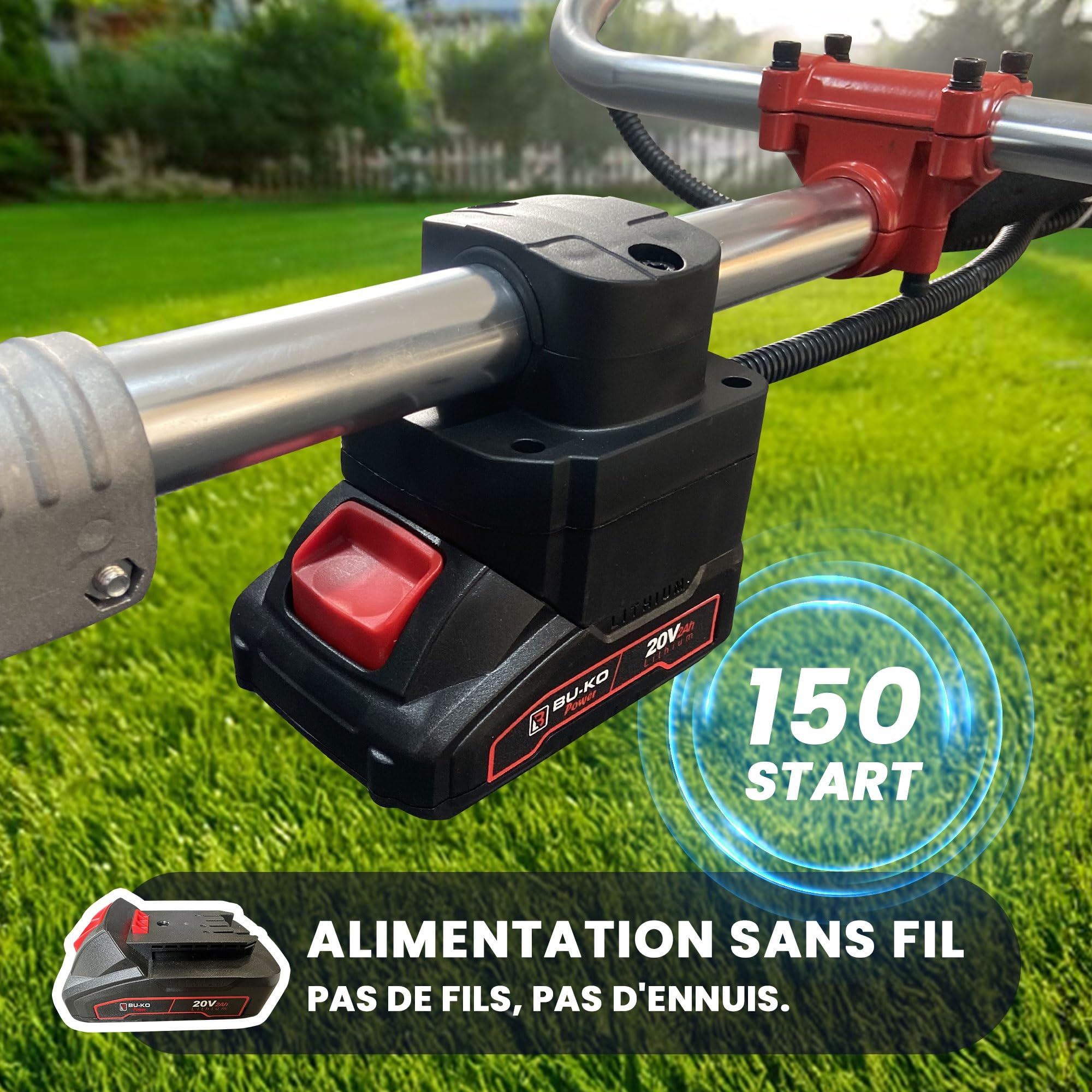 Bu-ko 52 cc d’essence Débroussailleuse de jardin multi-outil – Démarrage électrique par bouton-poussoir et cordon de traction | Coupe-broussailles 3-en-1, taille-haies et fil d’acier pour désherbage |