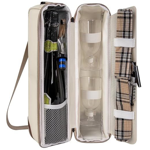 ALLCAMP Wine Tote Bag with Cooler Compartment，Picnic Set Carrying Two Sets of Tableware（Cream-Colored）