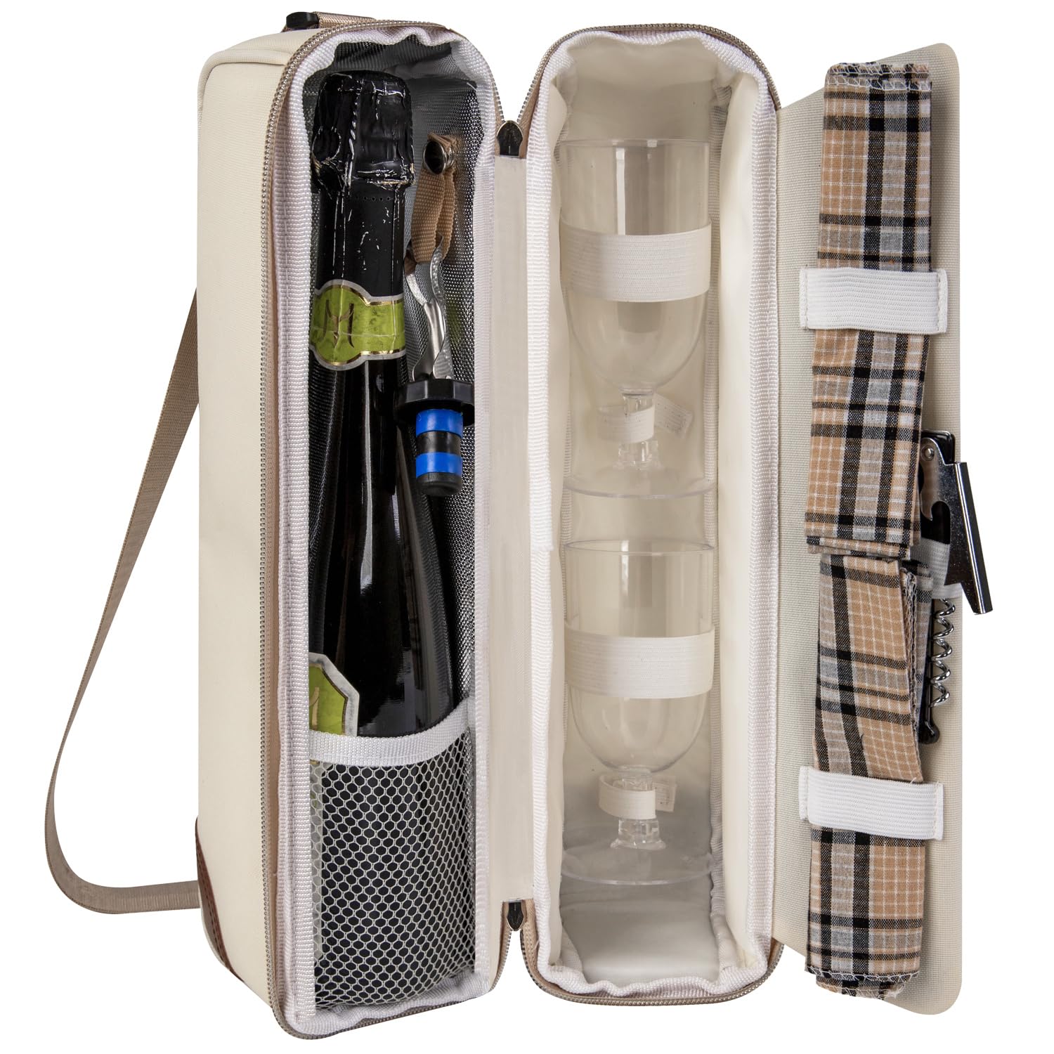 ALLCAMP Wine Tote Bag with Cooler Compartment，Picnic Set Carrying Two Sets of Tableware（Cream-Colored）
