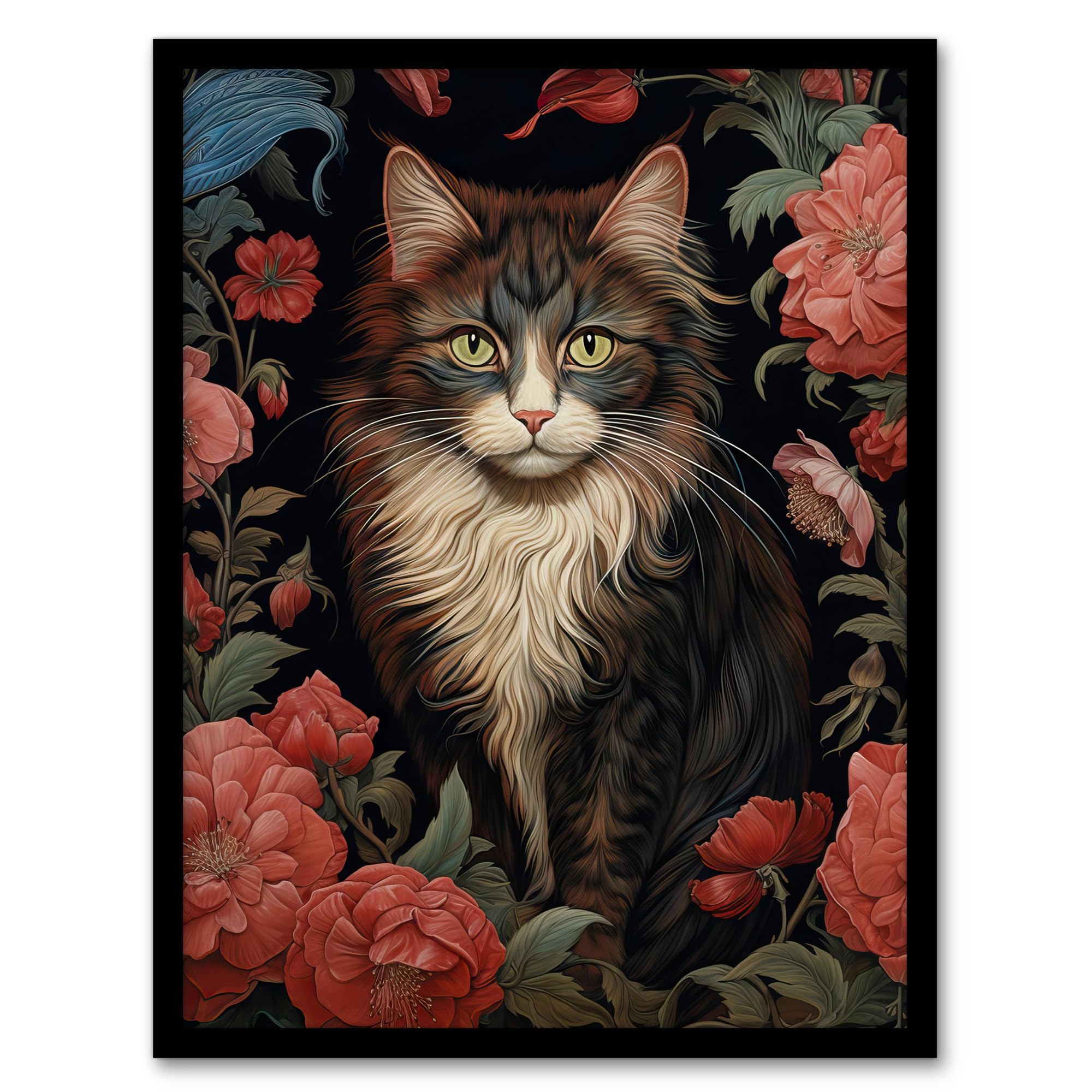 Artery8 Stylish Maine Coon Cat In Pink Flower Garden Floral Design Illustration Artwork Framed Wall Art Print A4