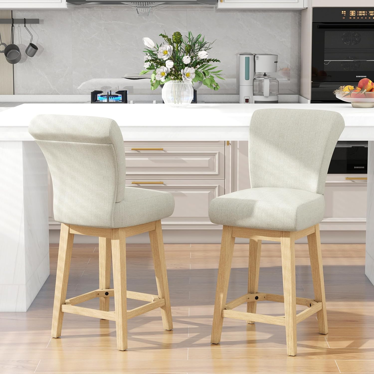 MUUEGM Counter Height Bar Stools Set of 2，360° Swivel Upholstered Bar Stools Set of 2 with High Backrest, 26" H Seat Height, Modern Barstools for Kitchen Counter, Bar, Fabric in Ivory White