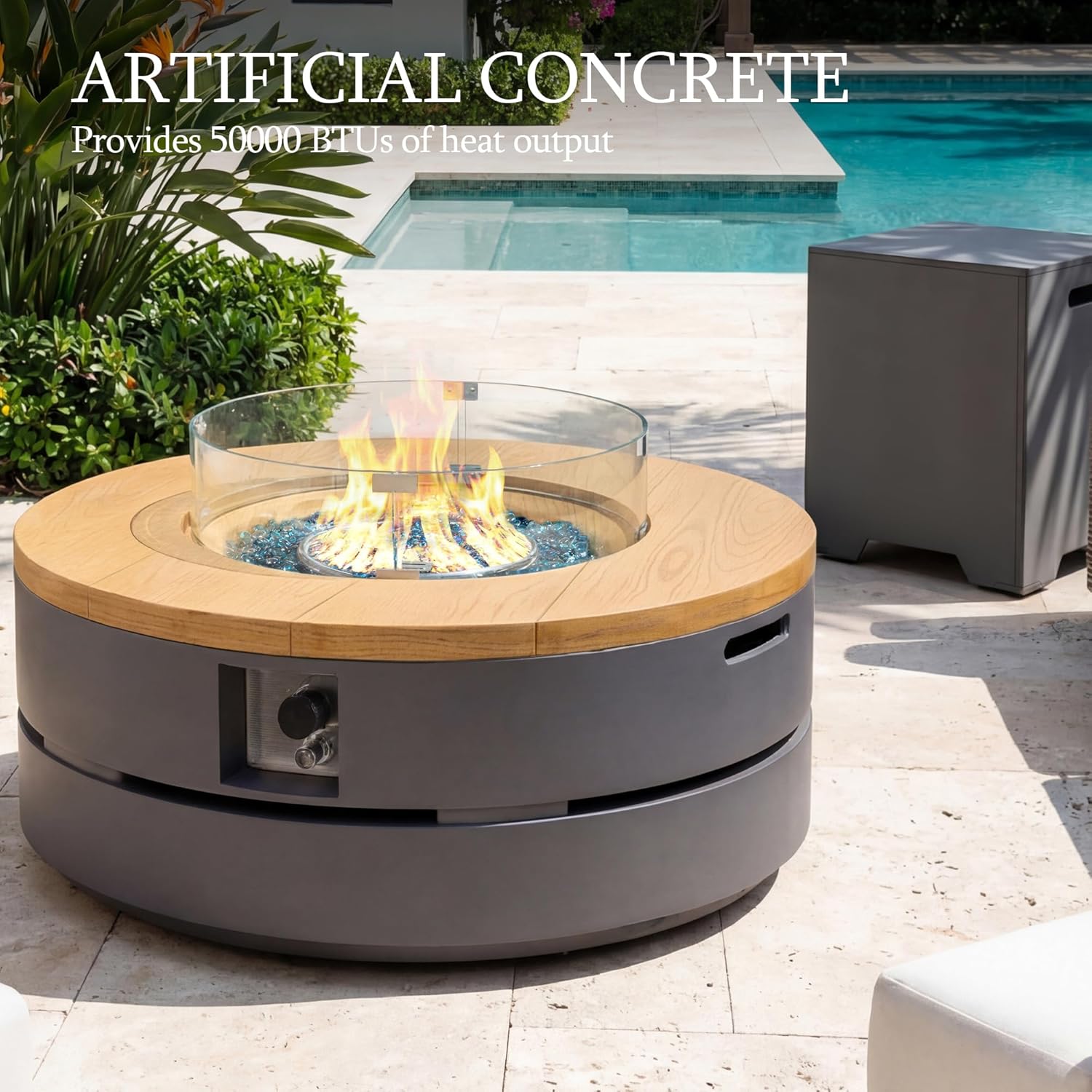 UPHA 38-inch Outdoor Patio Propane Gas Fire Pit Table 50000 BTU Concrete Round Firepit with ABS Tank Hidden Table, Wind Guard, Blue Glass Rocks, Rain Cover, Dark Grey Natural Wood Finish