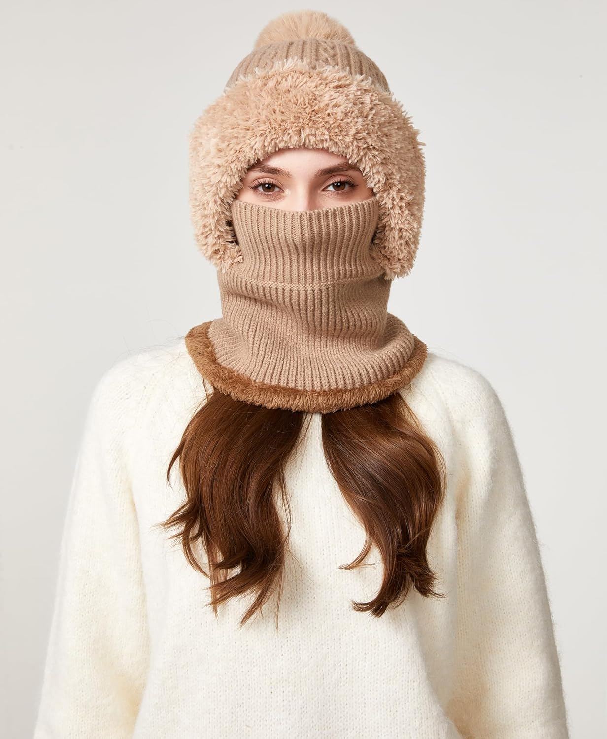 冬用ニットバラクラバ レディース フード付きビーニーハット フリース裏地 ワンピース ネックウォーマー スカルキャップ 寒い天候