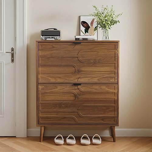 Miniatura 7 de Spaco Armario de zapatos de nogal para entrada, armario organizador de zapatos estrecho con 2 cajones abatibles, zapatero delgado con patas de