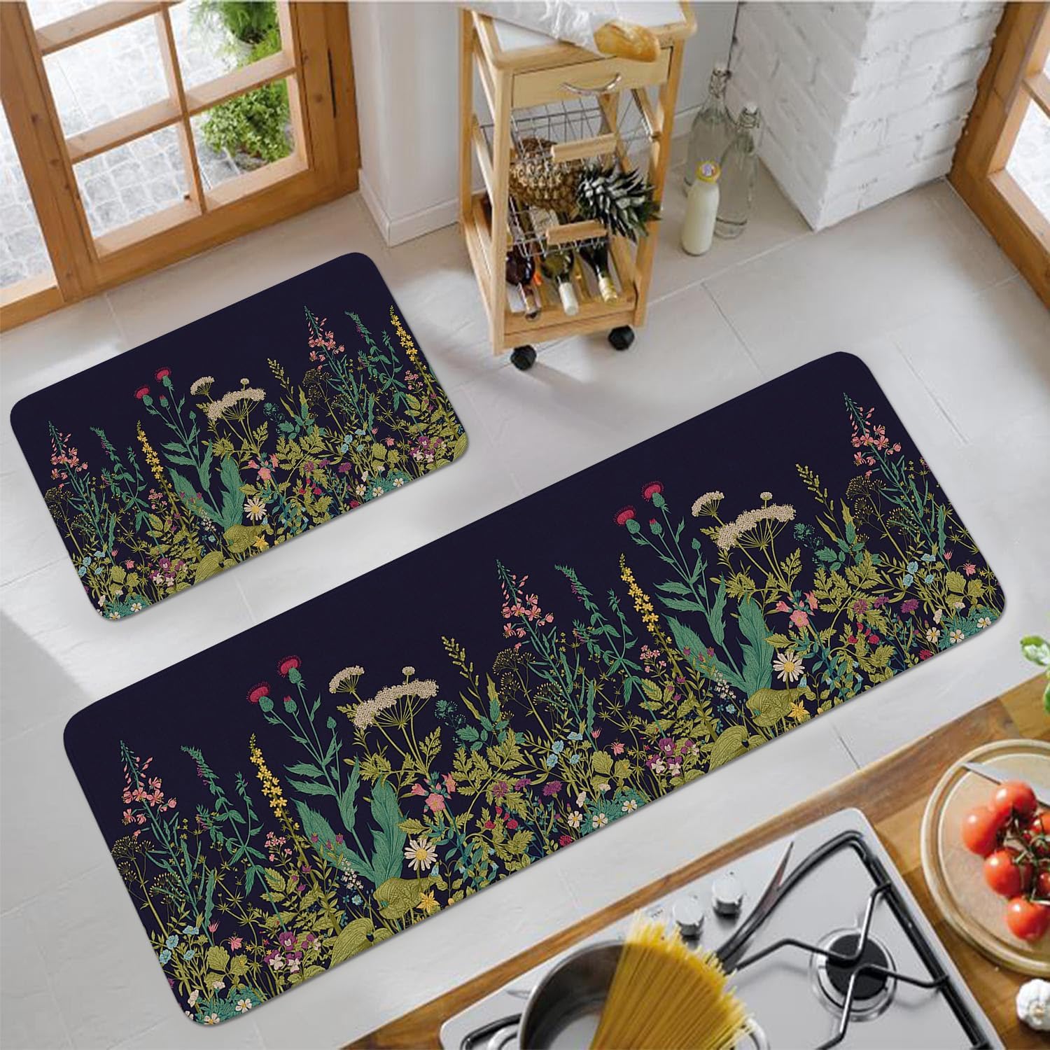 Farmhouse Kitchen Rugs Set of 2, Weeds Floral Wildflower Kitchen Mats for Floor,Non-Slip Sink Mat Spring Kitchen Decor Doormat+Runner Rug