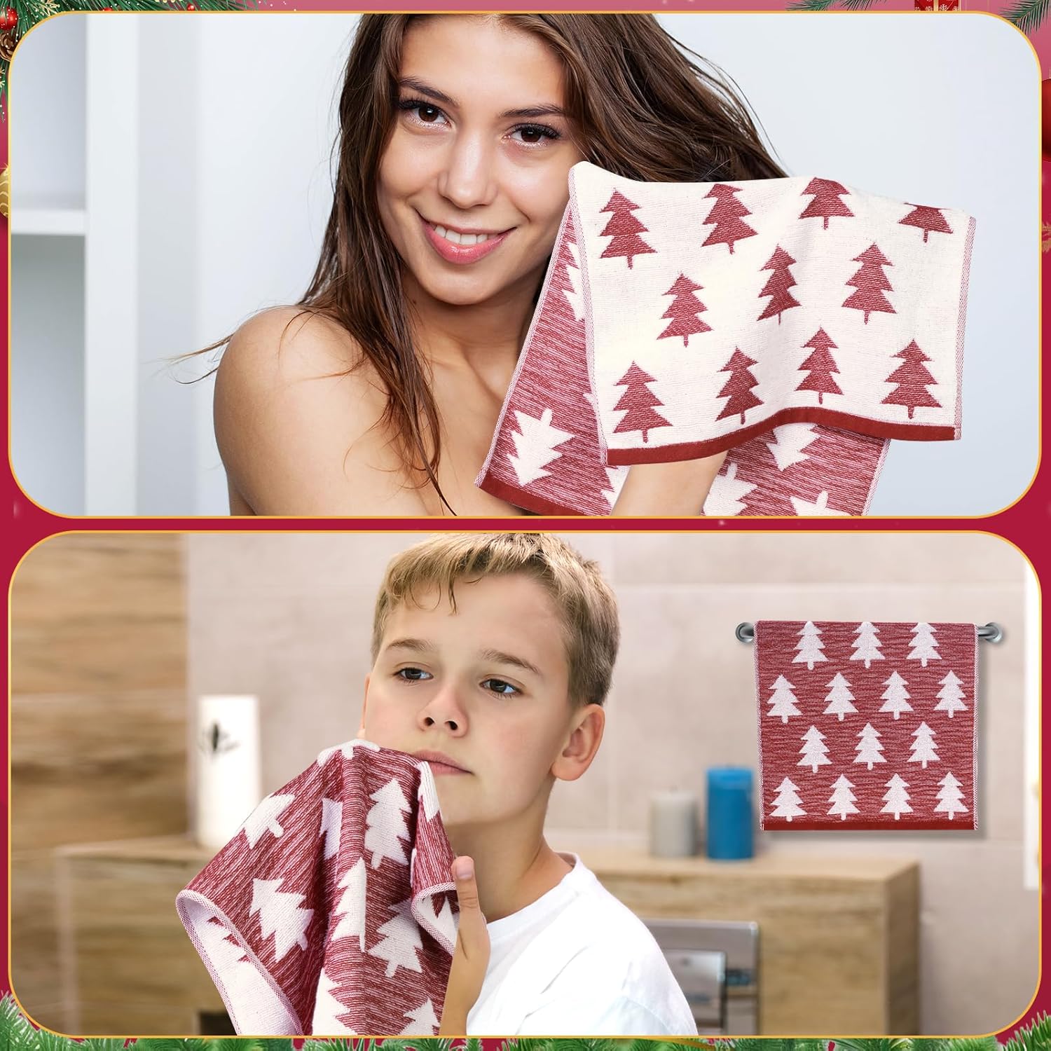 Shemilly 2pcs Christmas Hand Towels Red Christmas Tree Jacquard Hand Towel for Bath 100% Cotton Thick Soft Bathroom Kitchen Decorative Set for Xmas Winter Holiday Decor Gift,16 x 27 Inch - Image 5