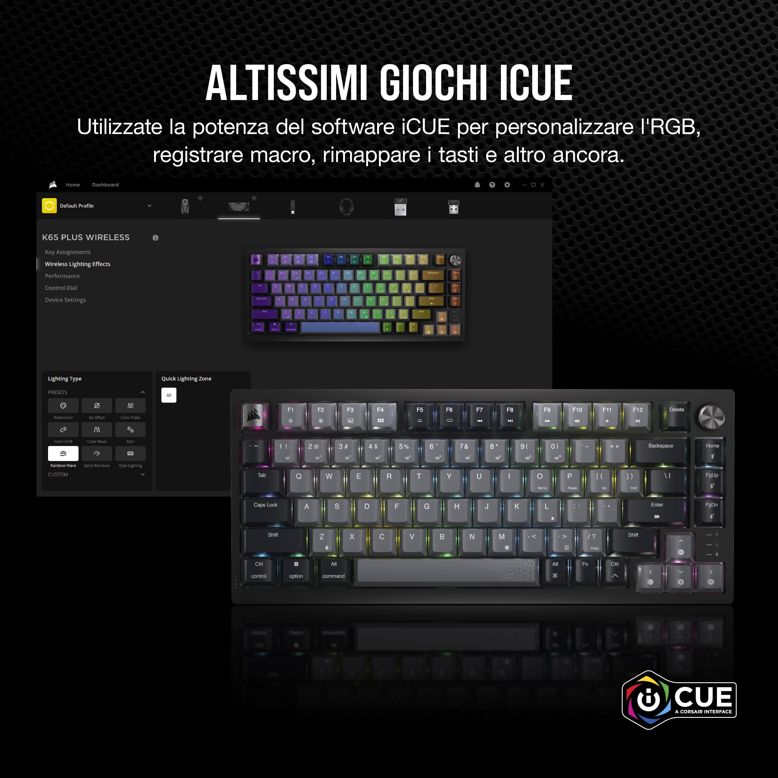 Corsair K65 PLUS WIRELESS 75% RGB Tastiera Meccanica da Gioco — Nero/Grigio | QWERTY IT, Interruttori Lineari MLX Red Pre-lubrificati, Tasti PBT Dye-Sub, Compatibile con iCUE, PC, PS5, PS4, Xbox