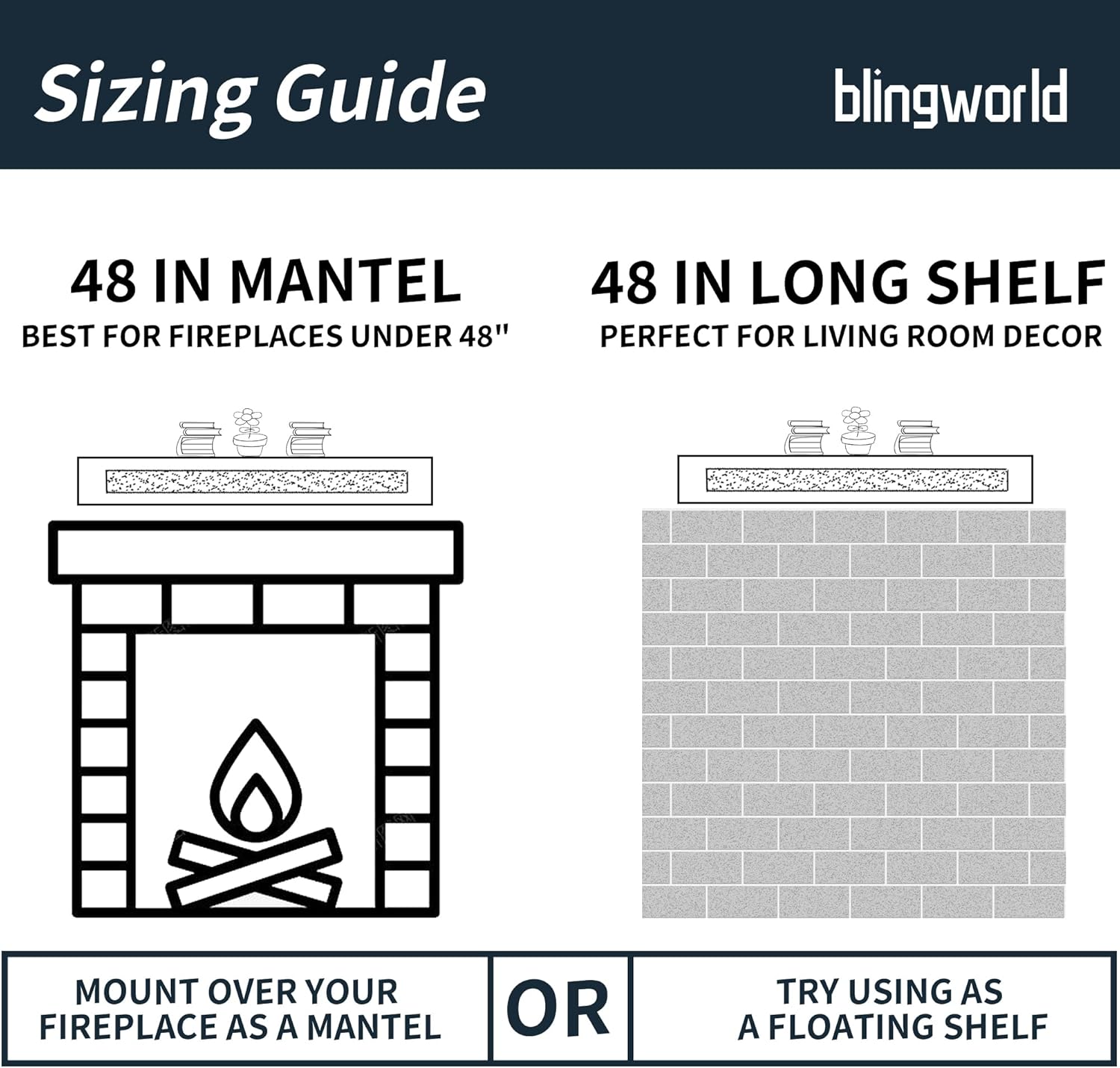 Fireplace Mantel Mirrored, 48" Glass Floating Mantel Shelf for Over Fireplace & Under TV, Gorgeous Crystal Crushed Diamond Floating Wall Shelves for Living Room, Bedroom, Kitchen, Silver