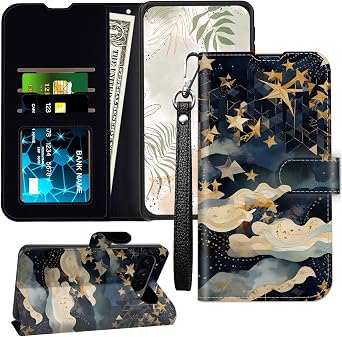 for Google Pixel 9 Wallet Case with RFID Blocking Card Slot, Soft Leather Cover for Pixel 9 with Wristlet Strap, Kickstand Phone Case for Google Pixel 9 5G, Stars and Clouds