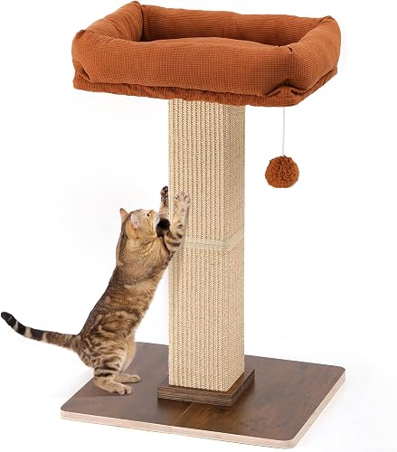 MARU Cat Scratching Post, Retro-Style Tall Scratch Posts with Perch for Infoor Cats Adults, Large Cat Scratcher Tower with Bed, Natural Sisal & Solid Wood