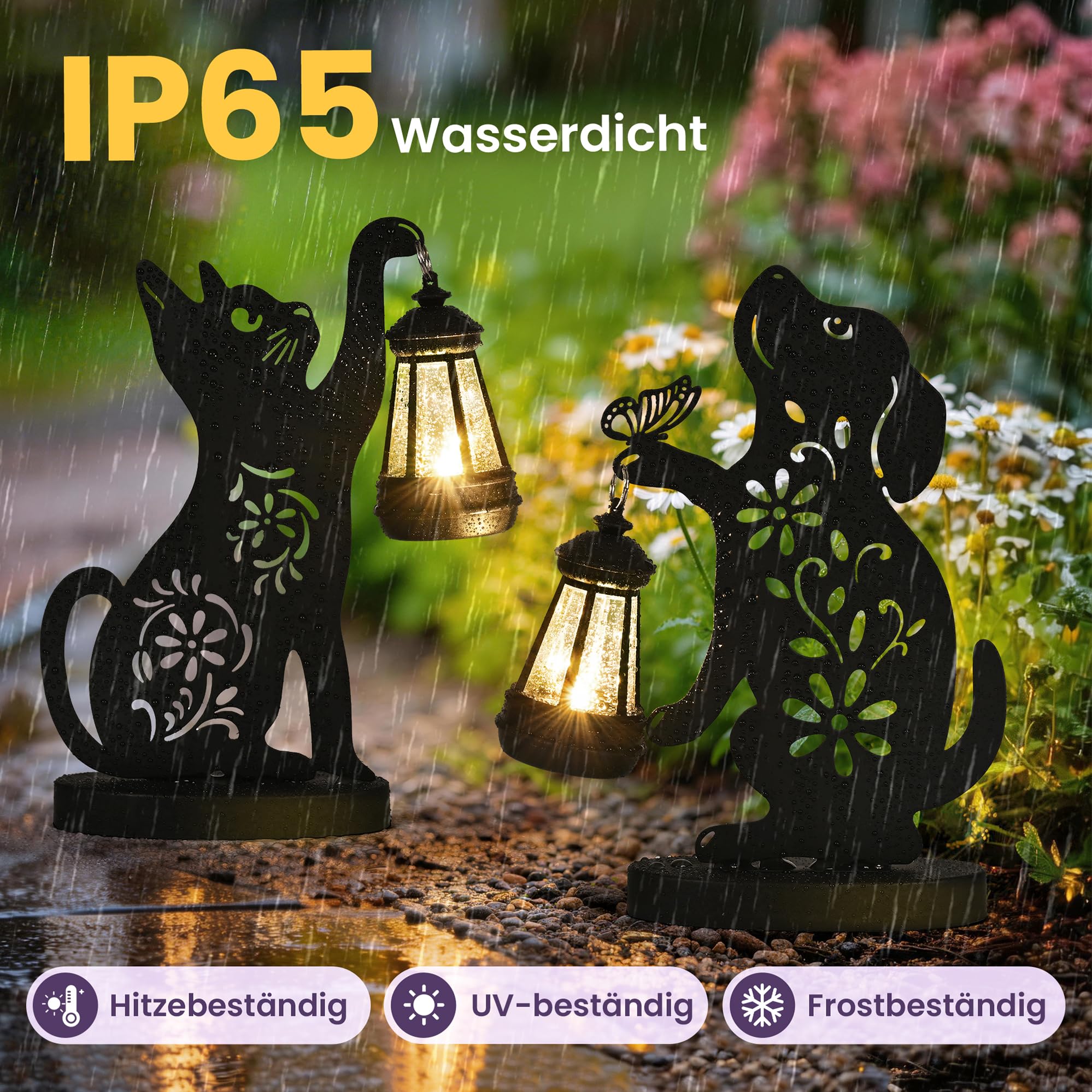 GIGALUMI Eiserne Katzen Hunde Statue Gartendeko, Geschenk für Mama, Geschenk für Frauen, Solar Katzen Hunde Gartendeko für Draußen Wetterfest, Outdoor Gartenstatuen Deko für Terrasse, Hof(2 Stück)