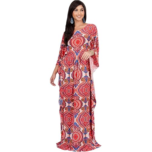 KOH KOH Womens Long Kaftan Boho Print Jersey Flowy Casual Abaya Gown Maxi Dress