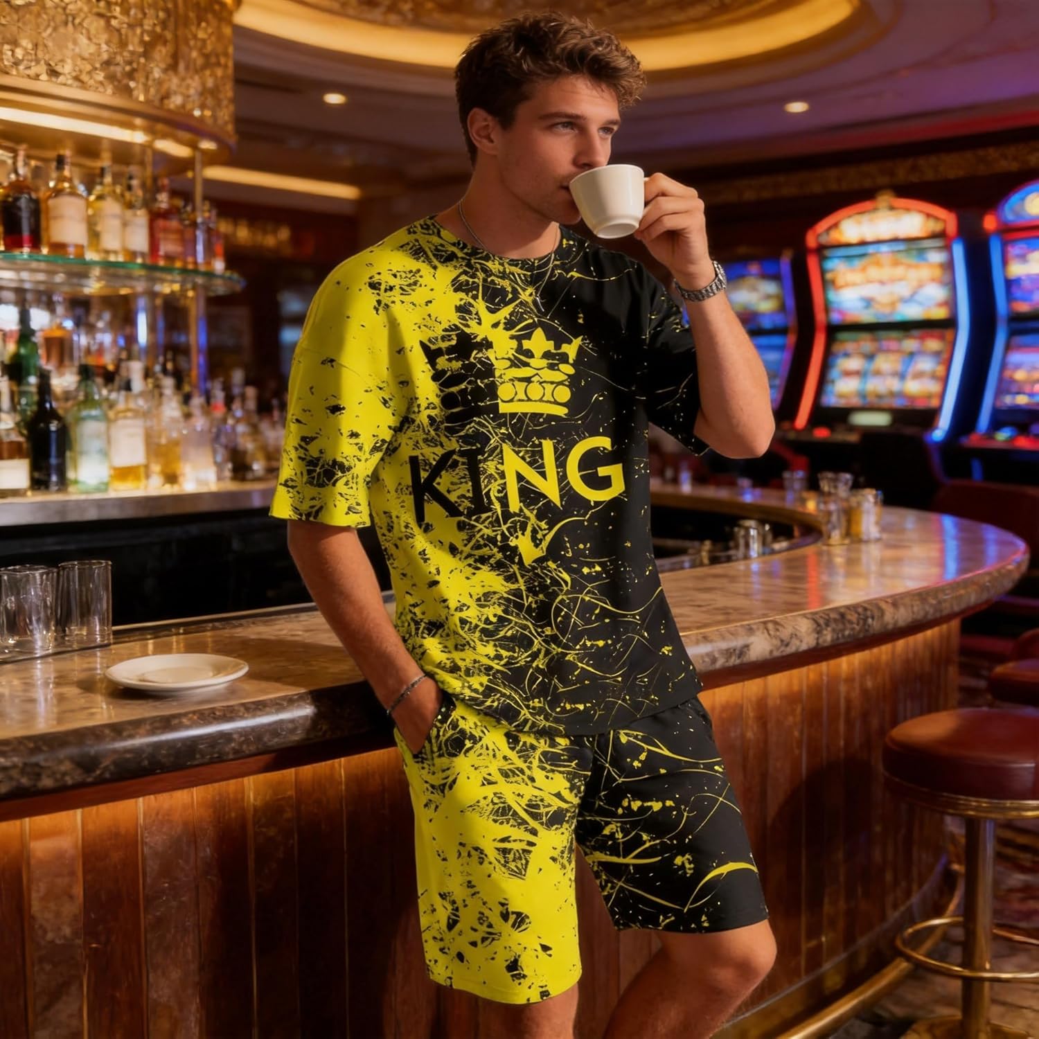 Men's Short Sets 2 Piece Summer Outfits Tracksuits Short Sleeve Shirt and Shorts Vacation Outfits 3D Poker Shirt