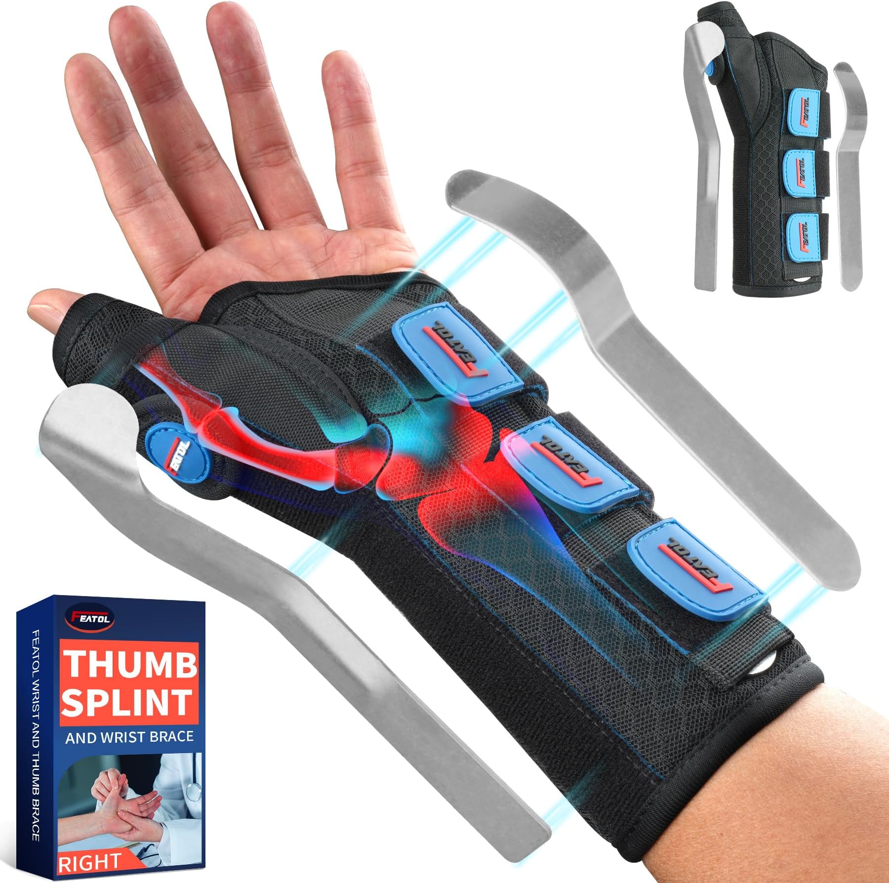Carpal Tunnel Wrist Brace Night Support, Thumb Spica Splint Left Hand for De Quervains Tenosynovitis, Tendonitis, Thumb Brace for Women Men, Black Blue, Large/XLarge