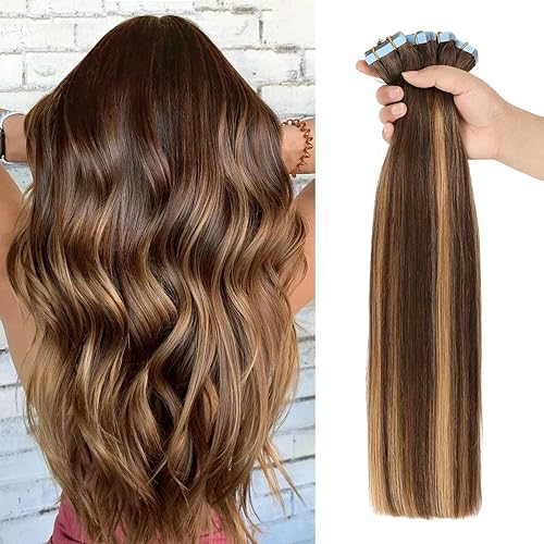 JESSBO Extensiones de cabello para mujer, lacio, marrón chocolate a rubio caramelo, 100% cabello humano, 12 pulgadas, 20 unidades de 1.41 ozpaquete,