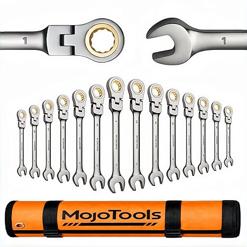 Juego de llaves de trinquete SAE de 15 piezas (1/4 ″ – 1 ″), llaves combinadas de cabeza flexible de 72 dientes, kit de herramientas mecánicas Cr-V