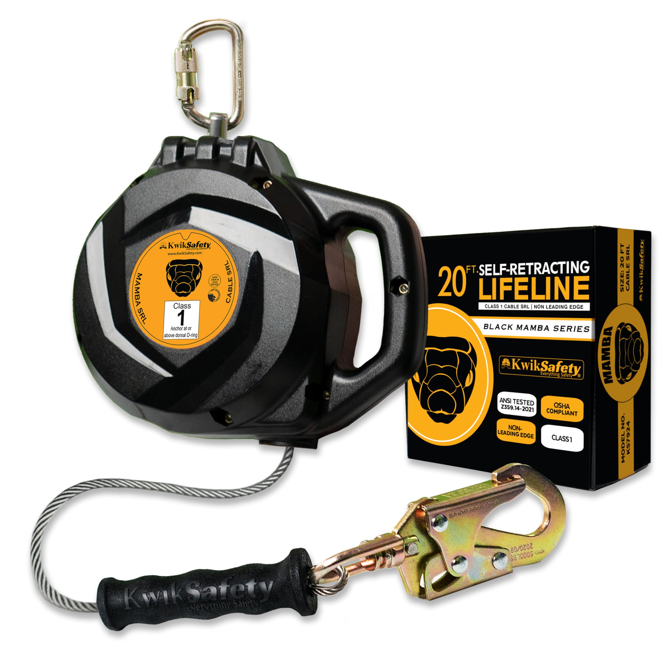KwikSafety - Charlotte, NC - Mamba 20’ Self Retracting Lifeline [Carbonate + Integrated Handle] Class B Cable SRL ANSI OSHA Retractable Fall Arrest Safety Roofing Construction Gear