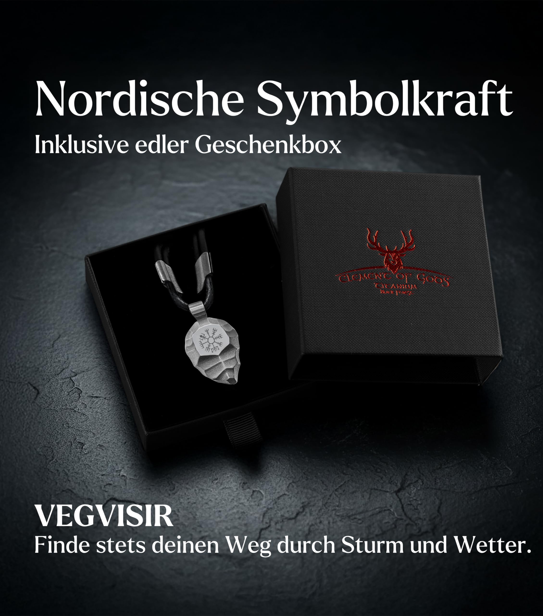 Titan-Anhänger mit Vegvisir Wikinger-Kompass – Halskette aus schwarzem Lederband und robustem Titan – Nordischer Schmuck & Talisman für Herren & Damen
