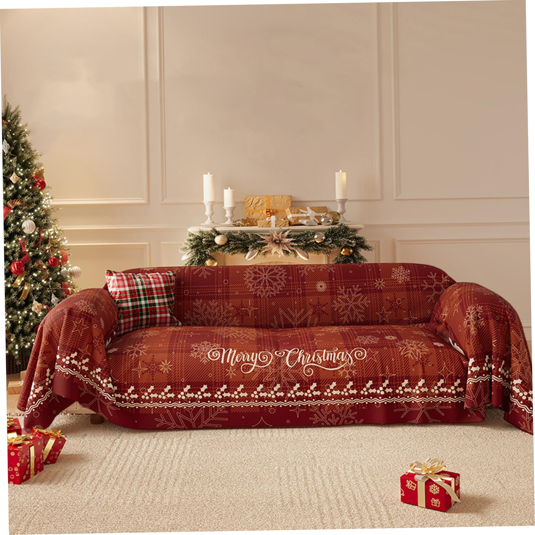 Housse de canapé de Noël 3 places NIDONE rouge lavable 71 x 118 cm
