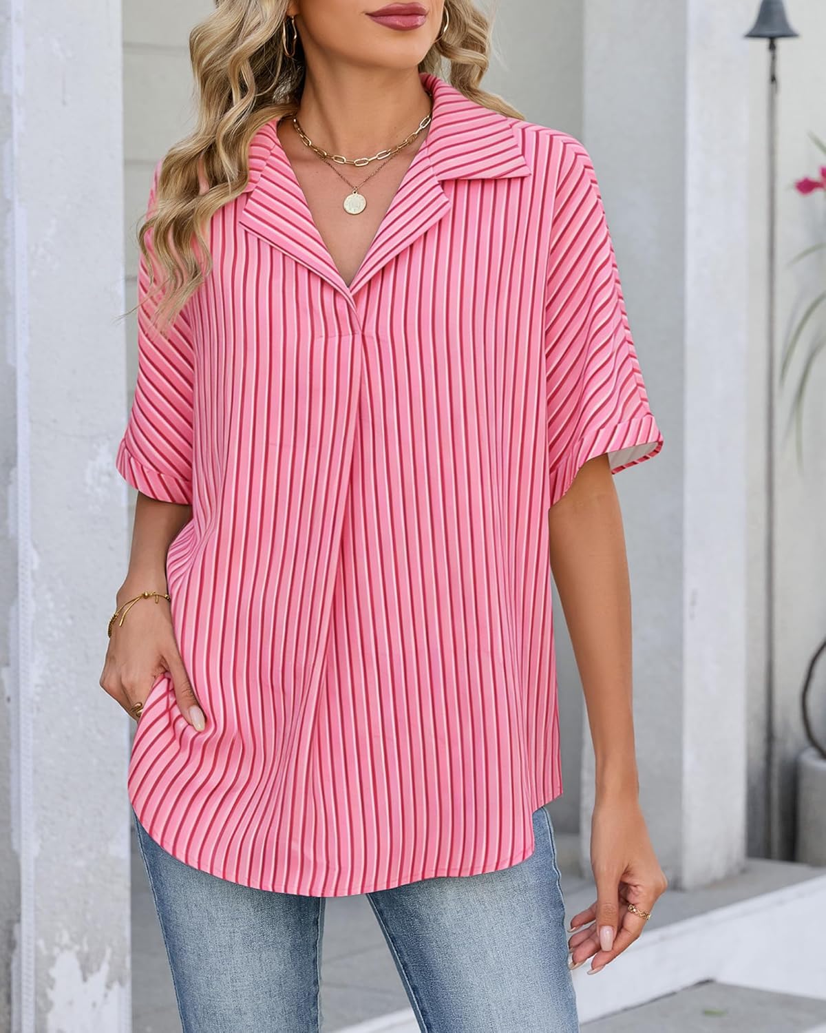 Womens Loose Fit Shirts Short Sleeve Striped Shirt Casual Collared Tops Women Office Work Blouses - Image 2